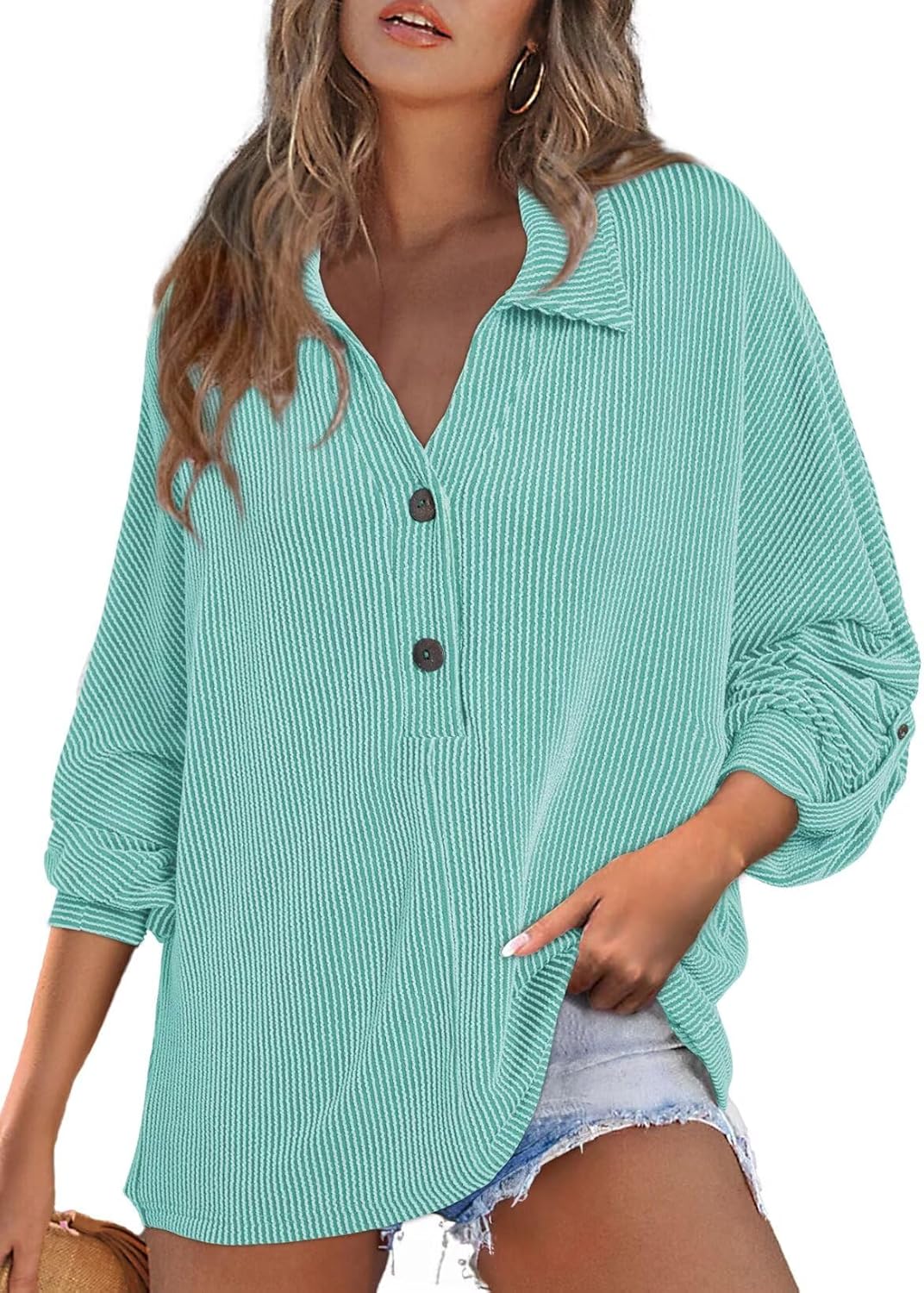 Astylish Women's Casual Blouses Button Down Business Batwing Tops Long Sleeve V Neck Ribbed Shirts 2025 Fall Outfit