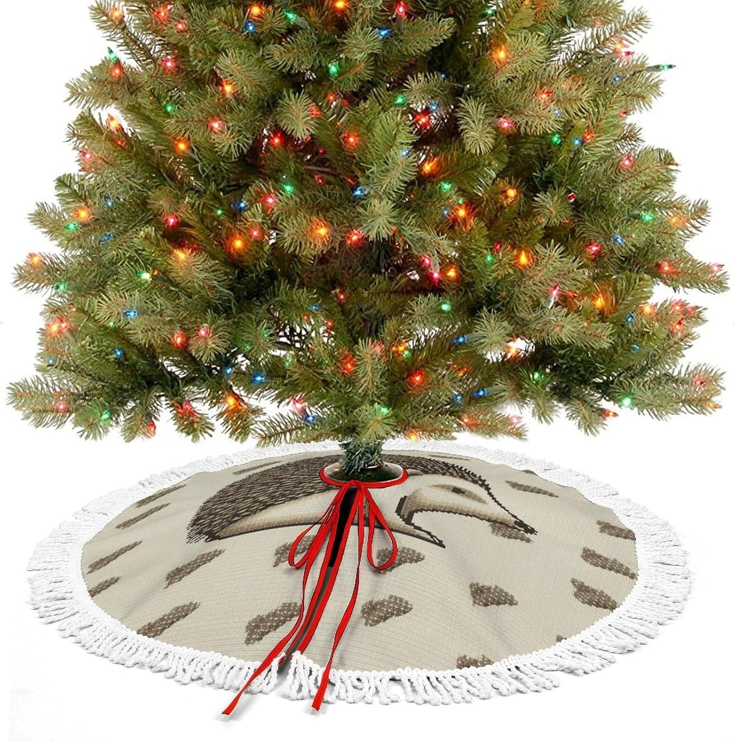 Cute Tassel Christmas Tree Skirt，Halloween Tree Skirt Large Christmas Tree Skirt Christmas Tree Decorations Double Sided Hedgehog Printed Tree Skirt-48in