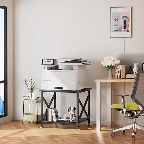 Miniatura 5 de Soporte para impresora, 23.6 x 23.6 pulgadas, soporte de impresora grande con estante de almacenamiento, mesa de impresora de 2 niveles para oficina