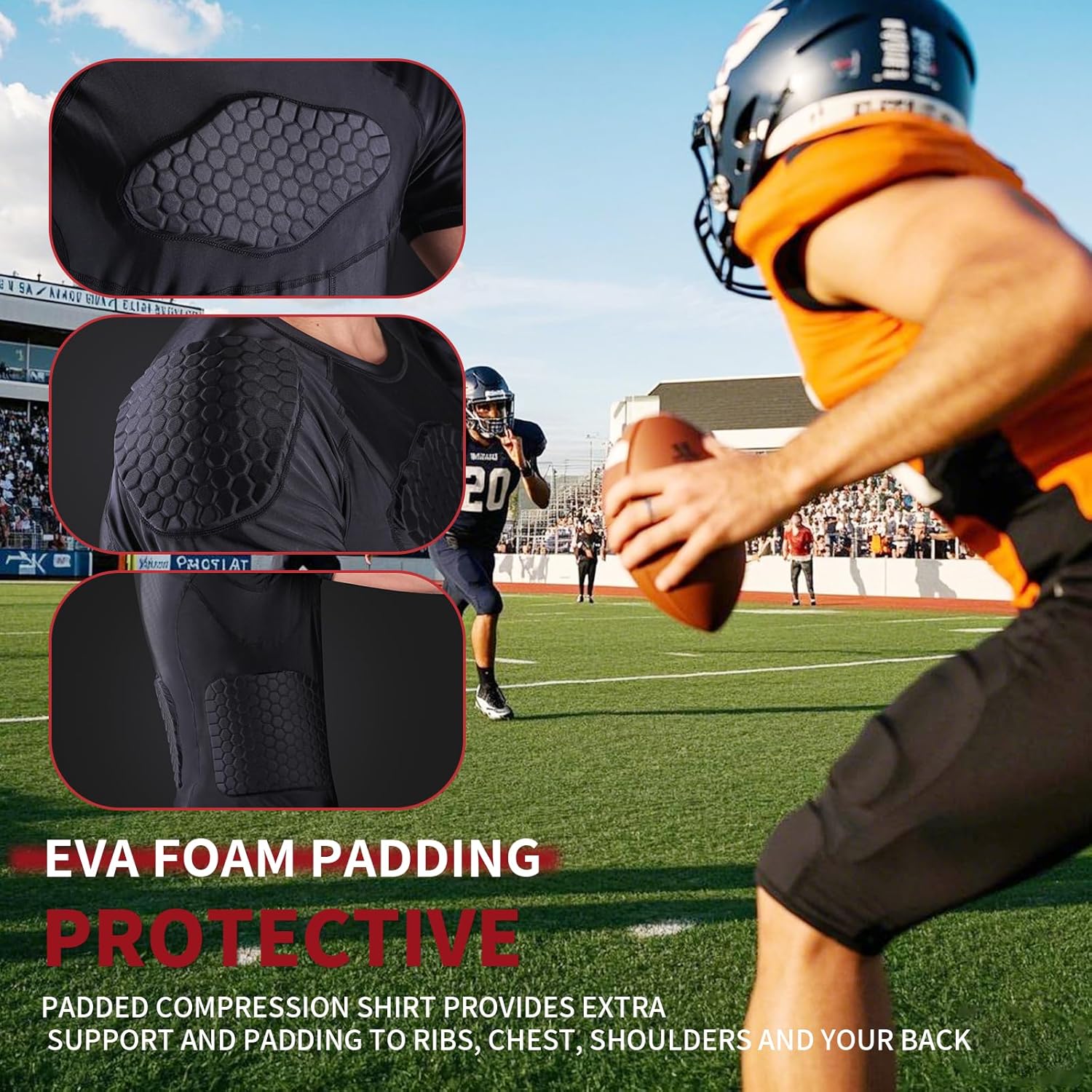 Mens Football Padded Shirt Football Rib Protectors Padded Compression Shirt 6-Football Pads Protective Gear for Baseball Basketball Softball - Image 4