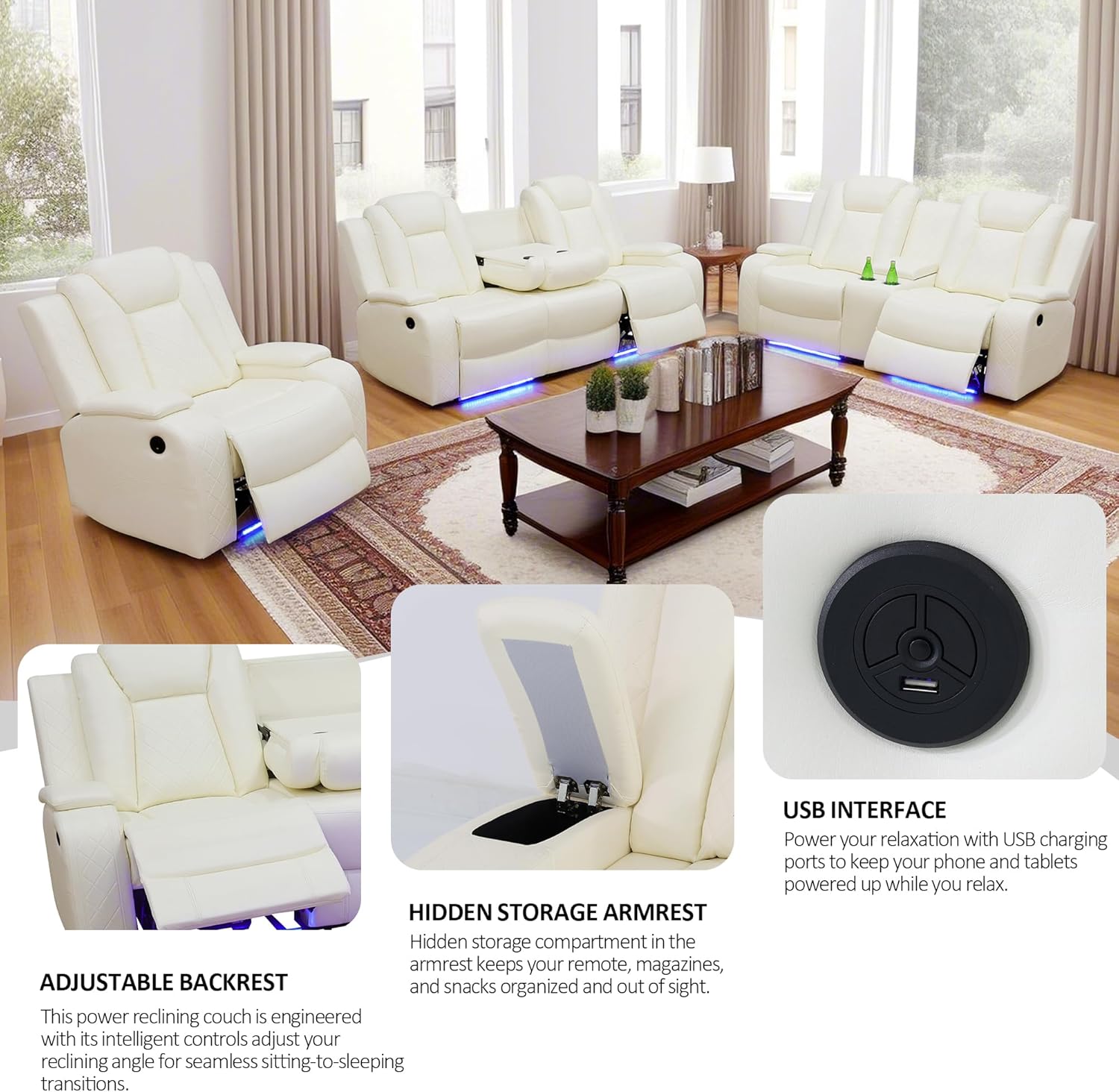 Power Recliner Sofa Set, Sectional Reclining Set,Intelligent Recline,Breathable Leather Recliner with Adjustable Backrests,Gameroom,Office,RV,Living Room Furniture(Sofa+Loveseat+Chair, Creamy White)