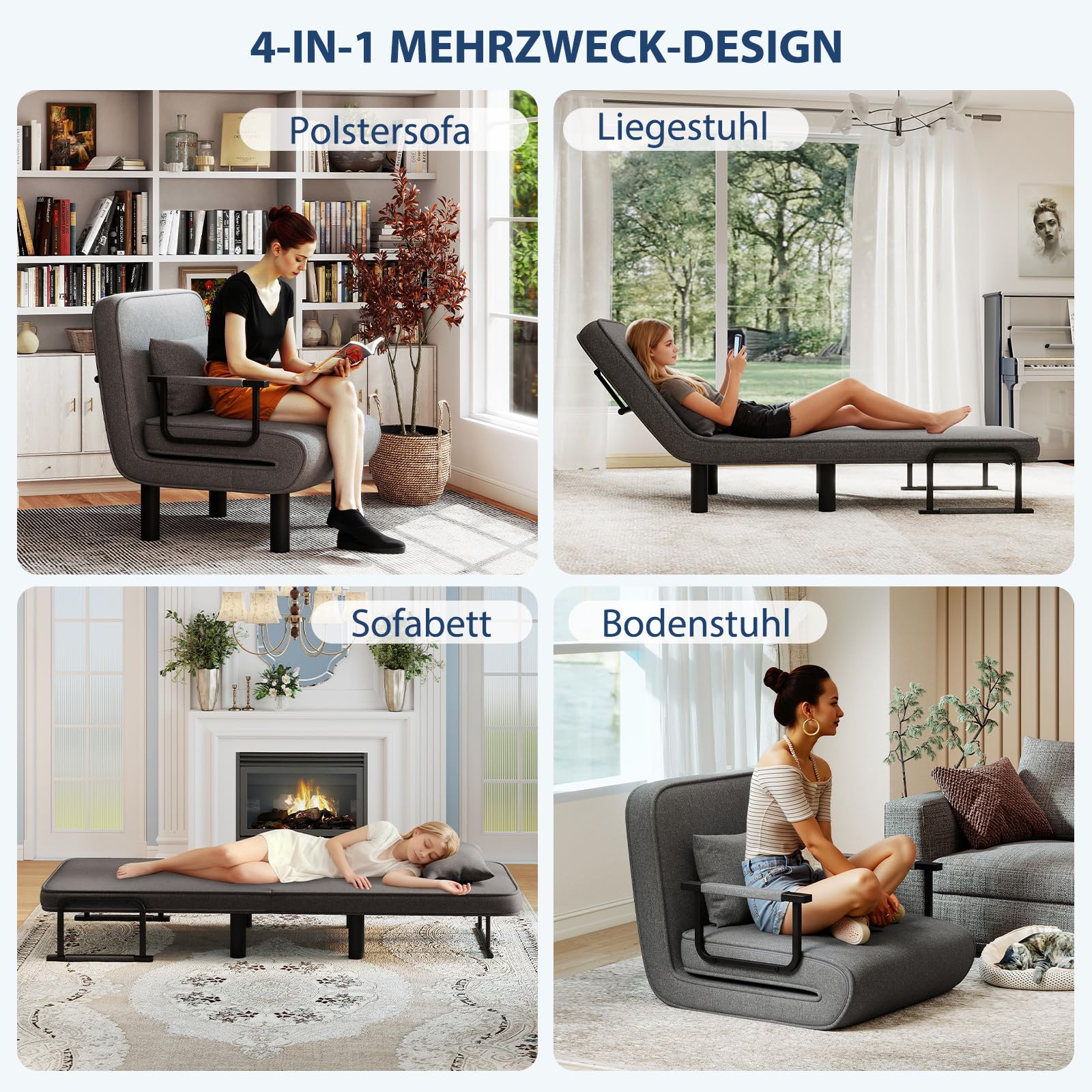 Schlafsessel 4 in 1 mit Bettfunktion, Gästebettfür, Schlafsofa mit Bettfunktion, Sessel mit Schlaffunktion mit Verstellbar Rückenlehne für Schlafzimmer Wohnzimmer Balkon, Dunkelgrau