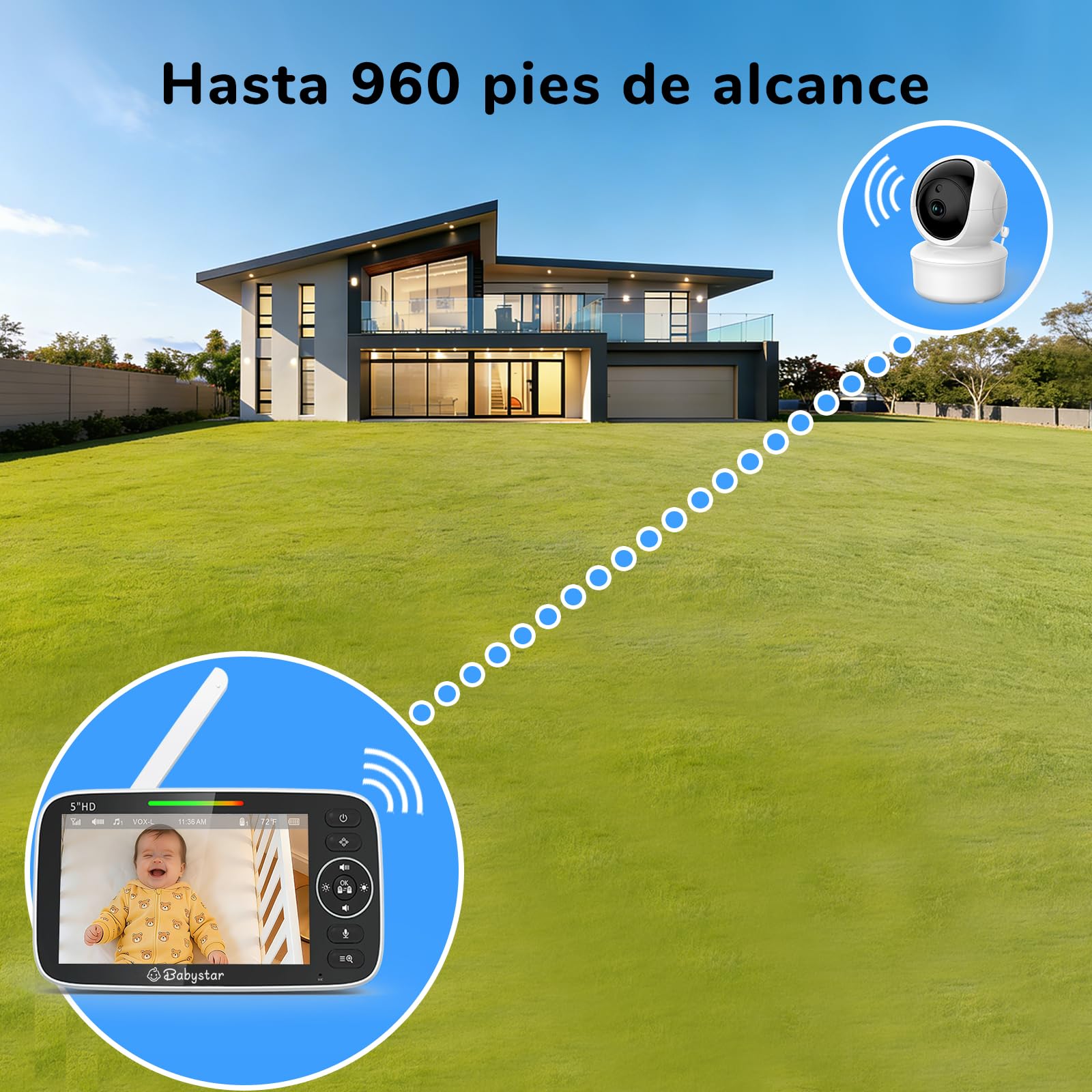 Babystar Camara Vigilancia Bebe 5" 720P HD IPS Rotación de 355° Vigilabebes con Camara Batería de 4000 mAh, Sin WiFi, VOX, Audio Bidireccional, 4×Zoom, Sensor de Temperatura y Aviso de Lactancia