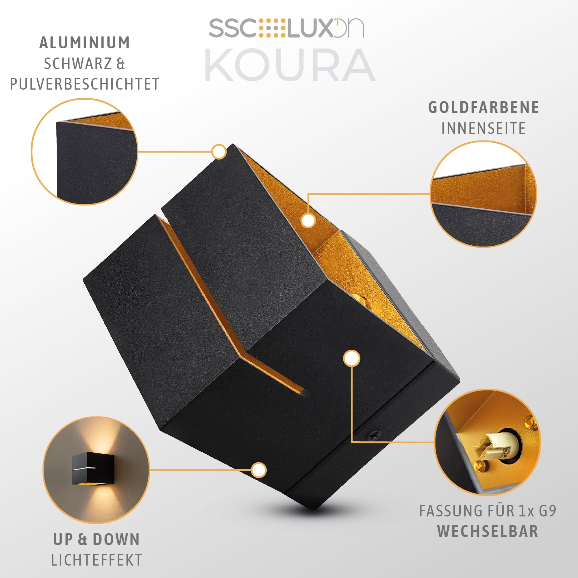 KOURA indirekte Wandleuchte schwarz mit Lichtschlitz - Wandlampe Gold Design Up Down Leuchte für 1x G9 LED