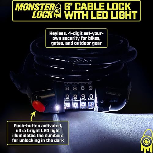 Miniatura 2 de Monster Lock - Candado de cable combinado de calibre 12 x 12 con luz LED incorporada, para bicicleta, puerta y cerradura de seguridad para