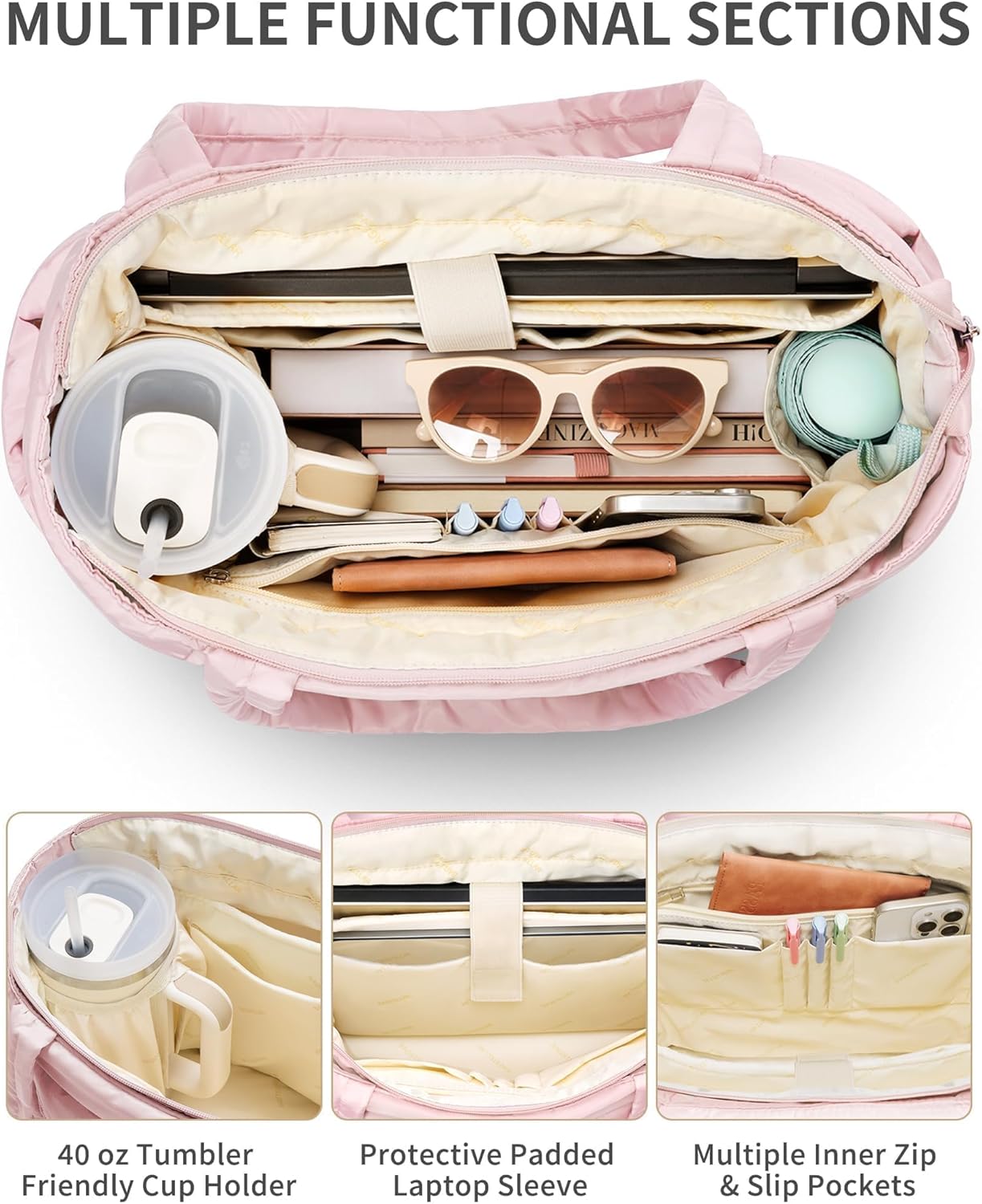 Puffer Tote Bag for Women, Lightweight Puffy Work Handbag Teacher Nurse Quilted Shoulder Bag for School Travel Gym | Cloud Bag w/ Zipper, Daily College Bags, 15.6" Computer Bag, Clinical Nursing Bag, 40 OZ Tumbler Holder, Ideal Gift for Women - Image 4