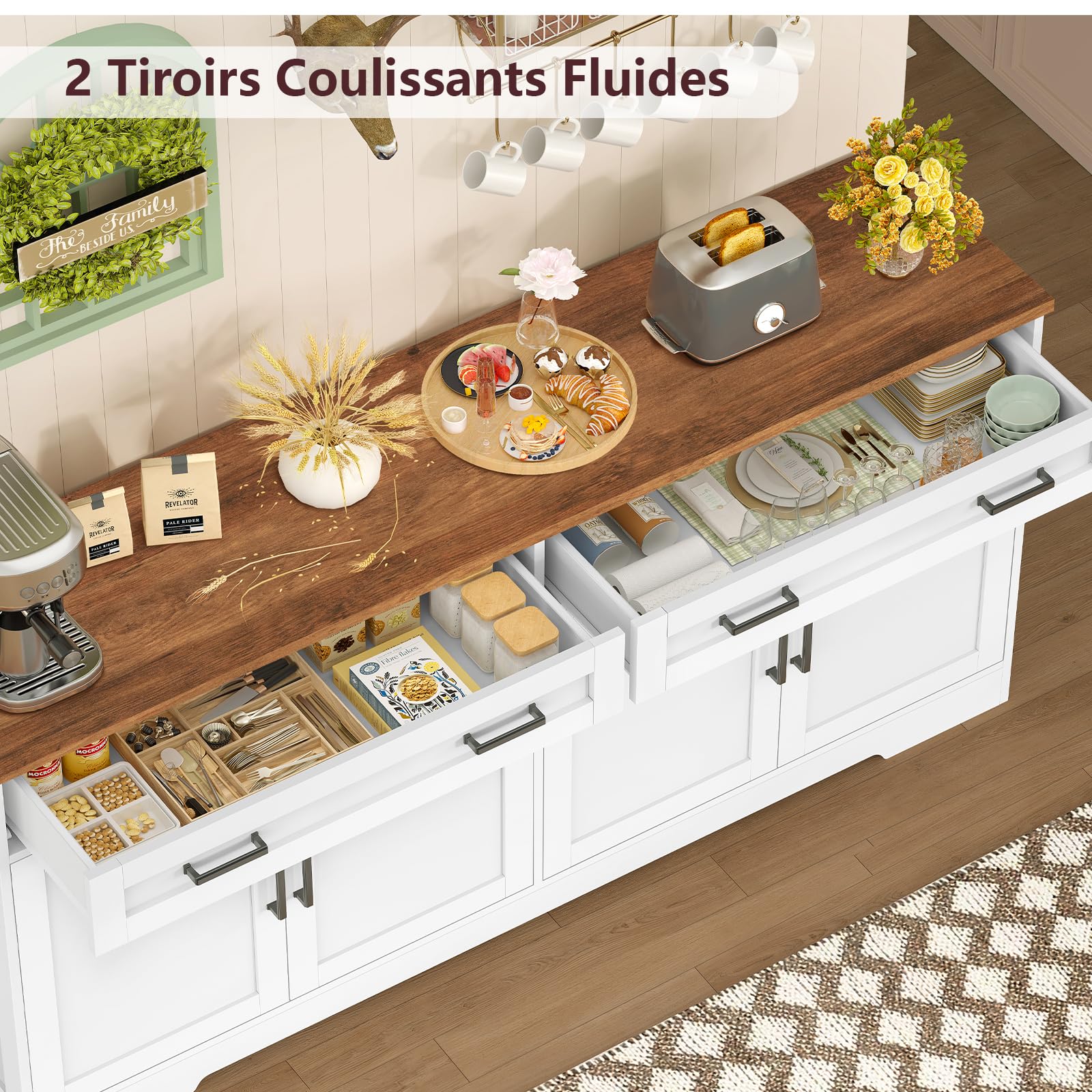 TEENFON Buffet Cuisine 140cm pour Salon et Salle à Manger, Meuble de Rangement avec 2 Grands Tiroirs et 4 Portes, Économiseur d'Espace avec Étagère Réglable, Blanc 140x40x80 cm