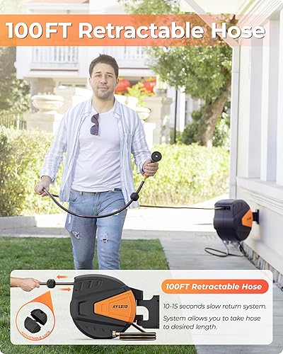 Miniatura 4 de Ayleid Carrete de manguera de jardín retráctil, 58 pulgadas x 100 pies, carrete de manguera montado en la pared, con boquilla rociadora de 9