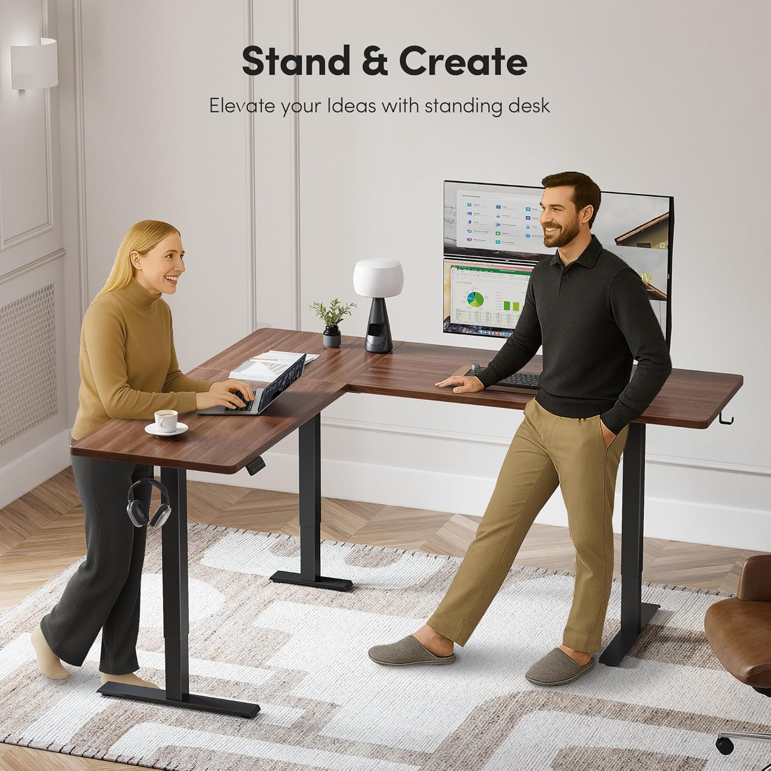 CubiCubi L Shaped Standing Desk 75 x 63 Inch Adjustable Height, Electric Corner Desk, Sit Stand Home Office Desk with Splice Board, Black(2 Packages)