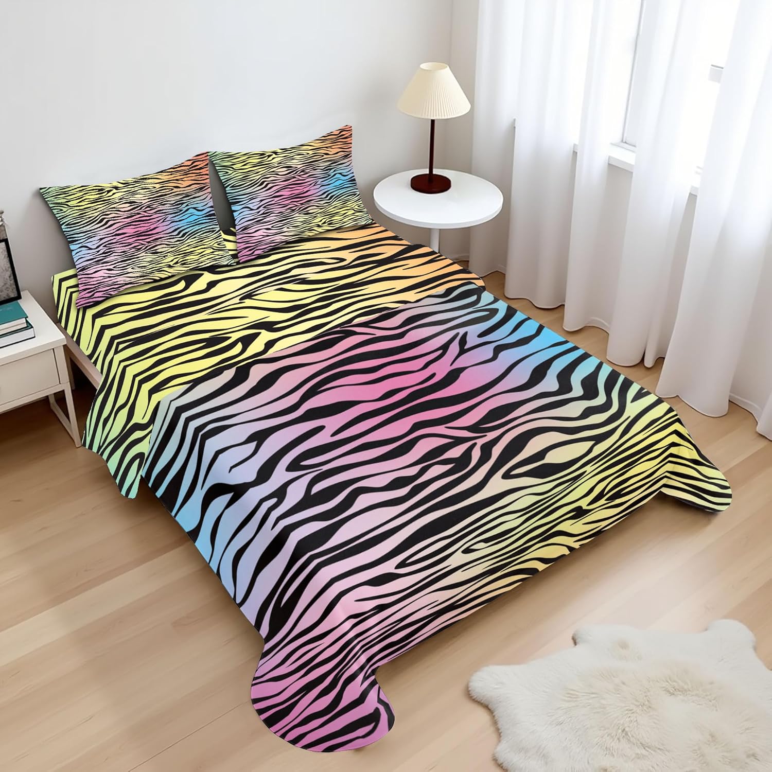Ambesonne Zebra Print Sheet Set, Colorful Zebra Pattern Animal Wilderness Themed Art Print, Fitted and Flat Sheet with Pillowcase Bedding Accent 4 Piece Set, Full, Yellow Coral