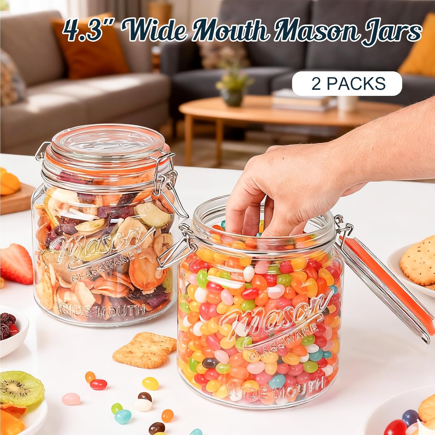 [NEW] 2 Pack Half Gallon Mason Jar with Hinged Lid, Wide Mouth Glass Flour Container for Food Storage, Cookie, Coffee, Pickle - 64 Oz Glass Jar with Glass Lid - Vintage Mason Jars w 2 Scale Marks