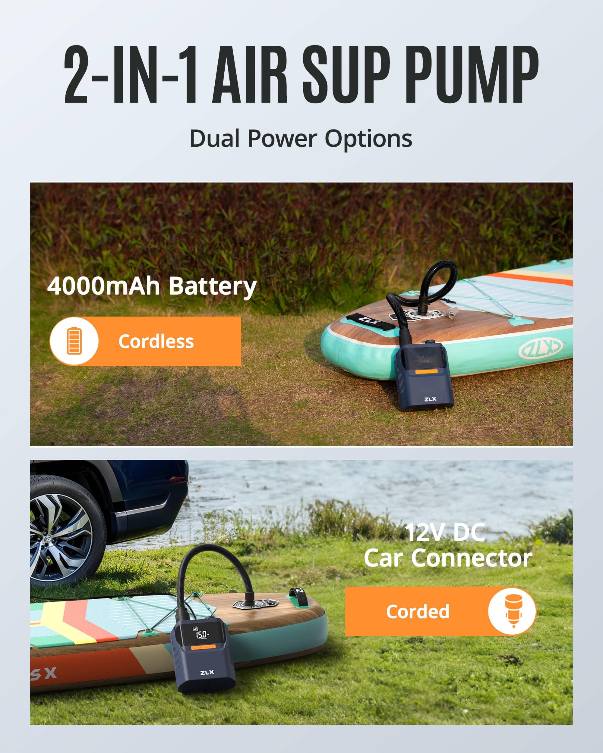 ZLX SUP Pumpe Elektrisch, 50PSI Elektrische SUP Luftpumpe, Hochdruck Doppelstufen Paddel Brett Zubehör für Aufblasbare Stand Up Paddle Boards