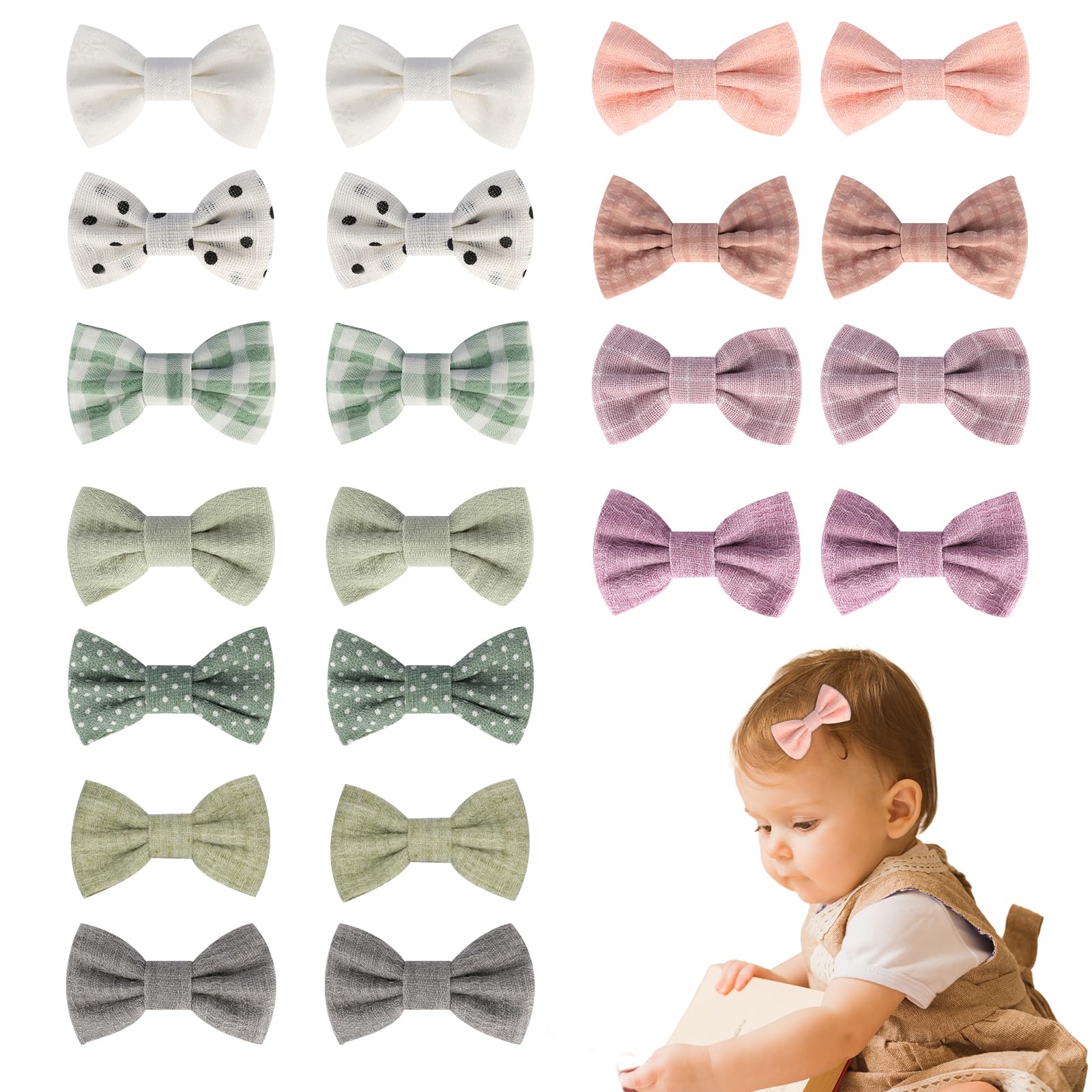 JESSCAT Confezione da 22 fermagli per capelli per bambine, con fiocchi fatti a mano, completamente foderati, antiscivolo, in cotone e lino, accessori per capelli fini, ideali per neonati, neonati e