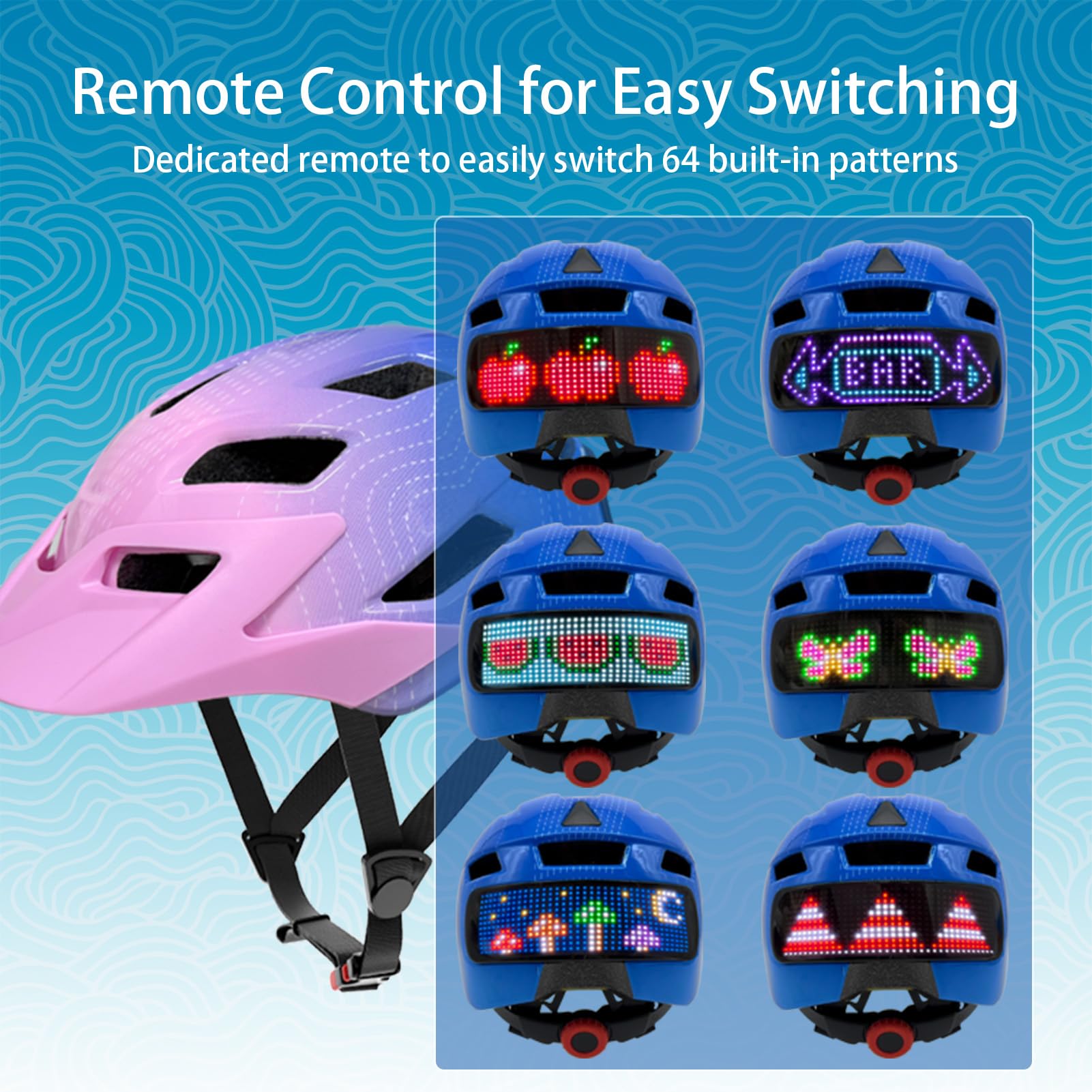 Casque de vélo pour enfants avec écran LED léger et réglable pour garçons et filles de 5 à 14 ans avec télécommande 64 motifs, doublure lavable pour cyclisme, scooter, patinage 52 à 56 cm