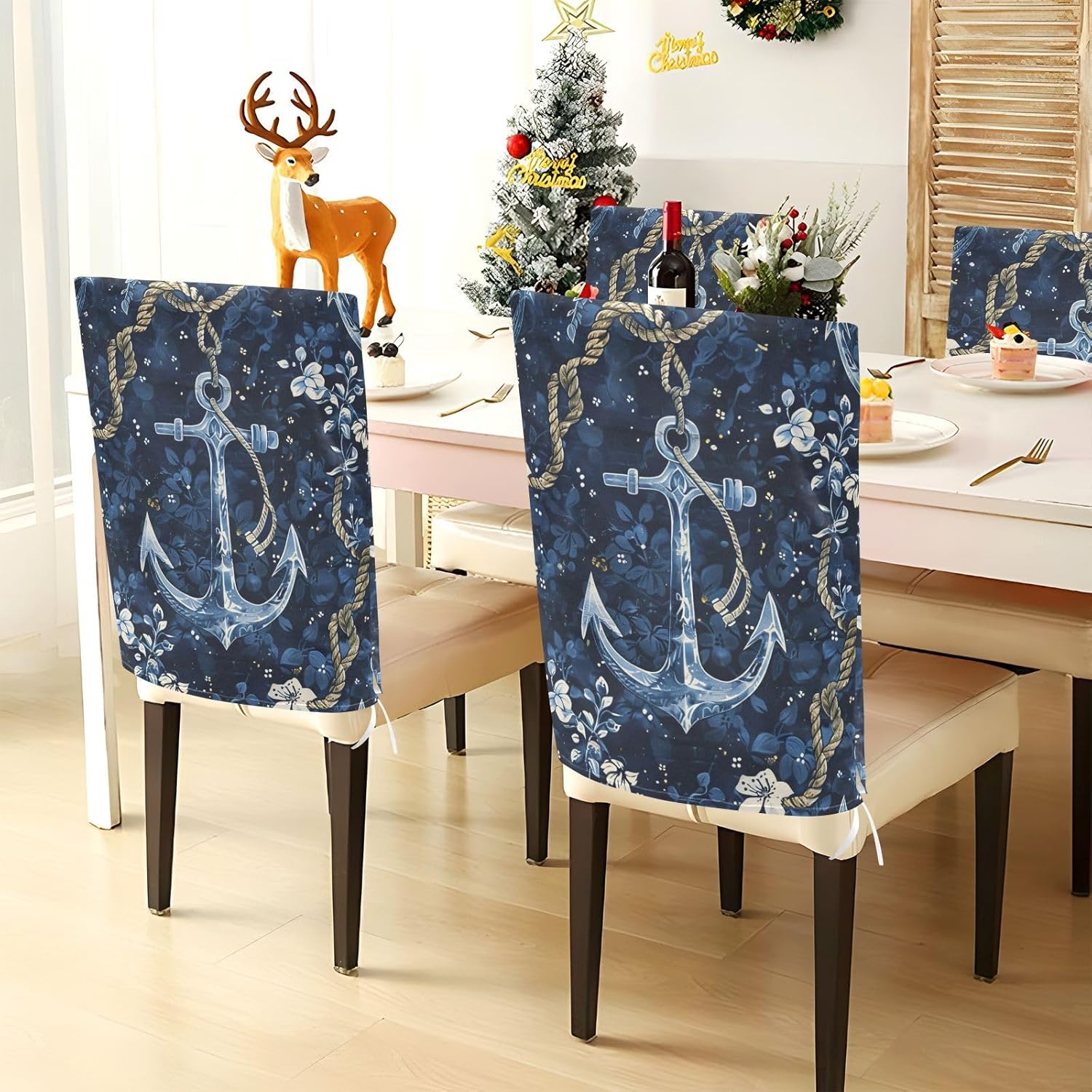 ALAZA Anchor Navy Blue Flowers Chair Back Cover Set of 6, Washable Reusable Removable Chair Slipcovers Decorative Chair Cover for Home Kitchen Wedding Party