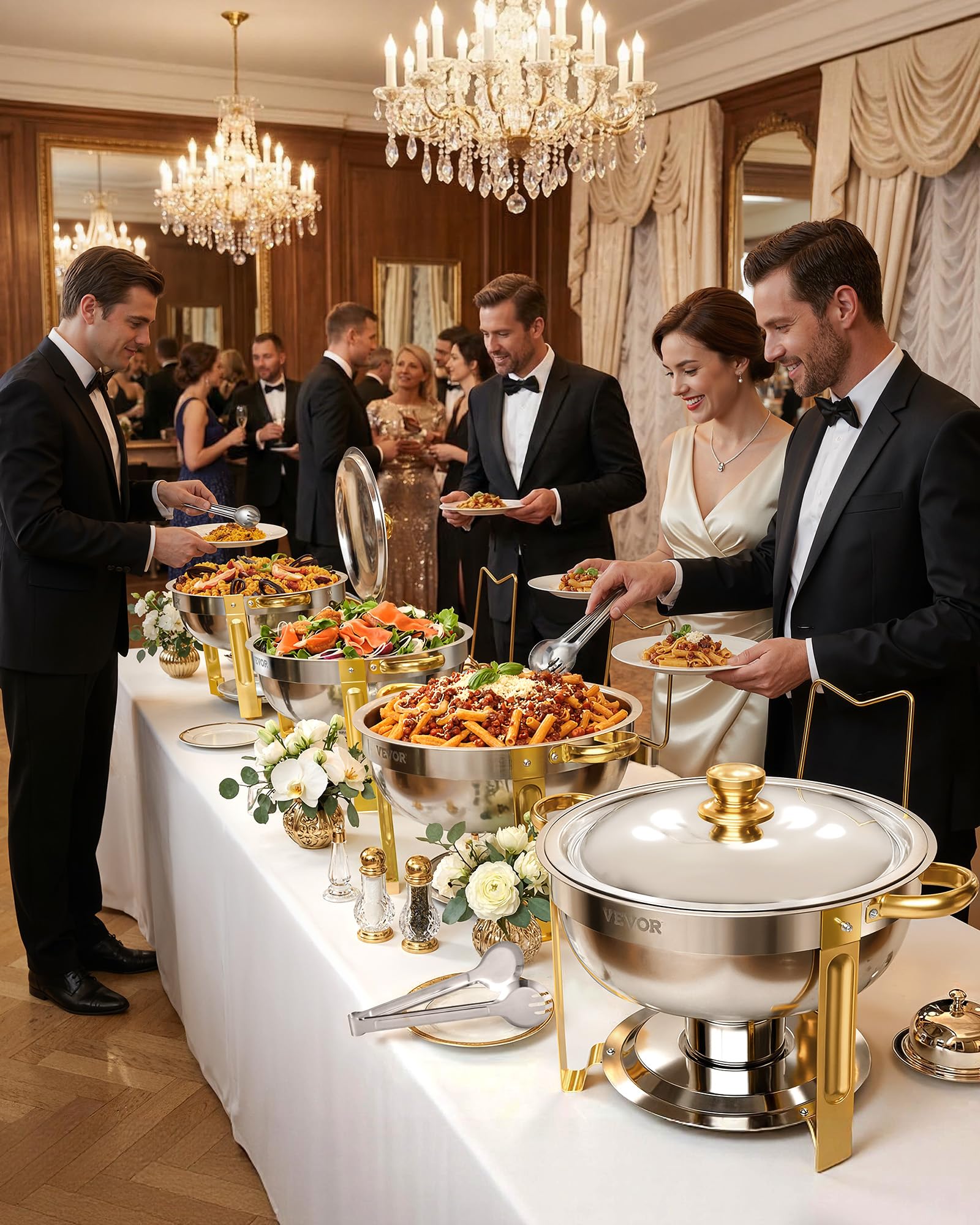 VEVOR Chauffe-Plat 4PCs 4,6 L, Buffet Chauffant Rond, Réchaud en Acier Inoxydable, avec 4 Bacs Pleine Grandeur, Couvercle et Pince, pour Buffet Libre-Service Banquet Hôtel Traiteur Restauration