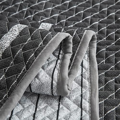 Miniatura 2 de Flysheep Juego de edredón bohemio gris oscuro tamaño individual para niños, 2 piezas de edredón reversible a rayas blancas sobre negro, colcha de