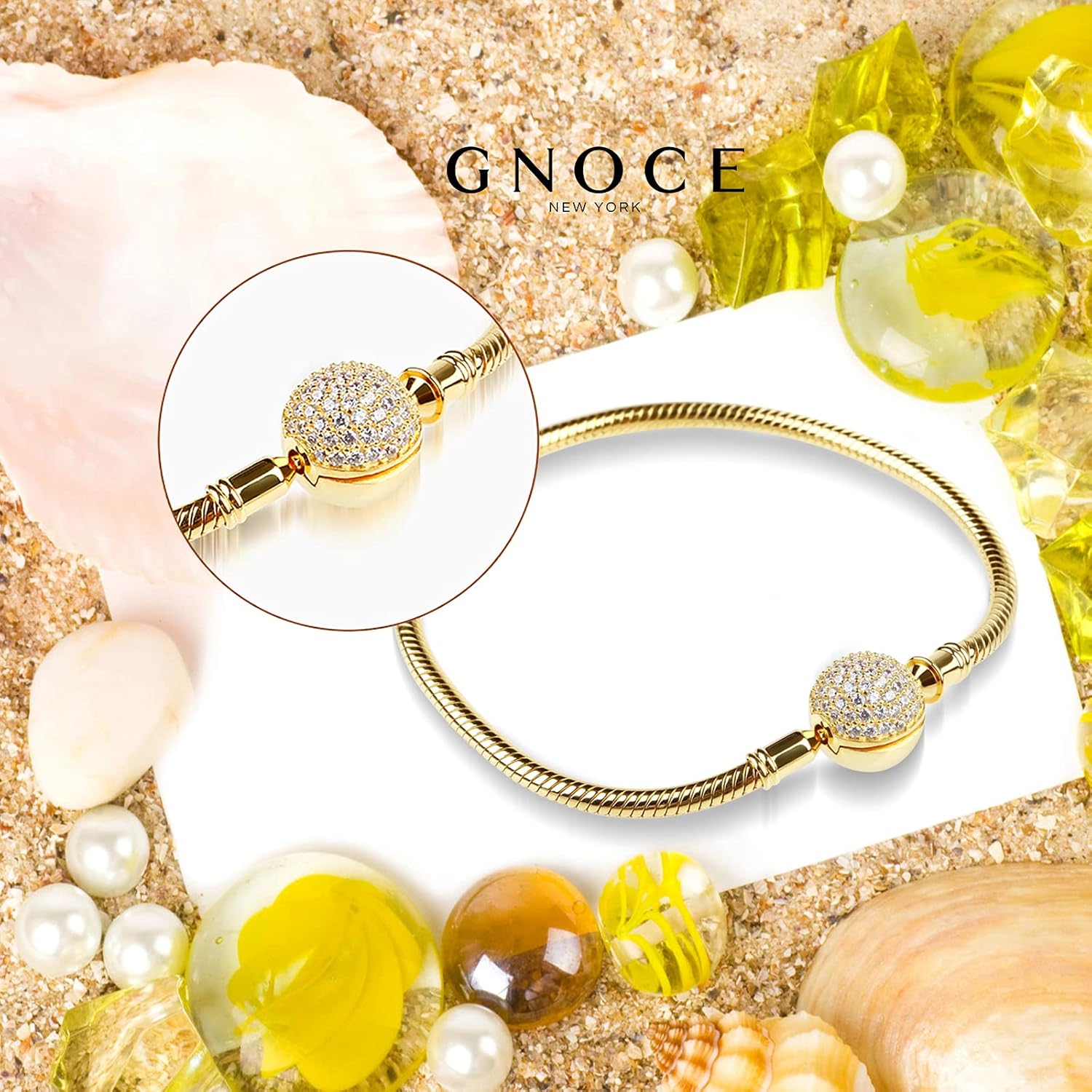 GNOCE Charm Bracelet Sterling Silver Rose Gold Plated DIY Snake Chain Endearing Gifts for Her Basic Charm Bracelet Dainty Bangle with Crystal Round Shape Clasp