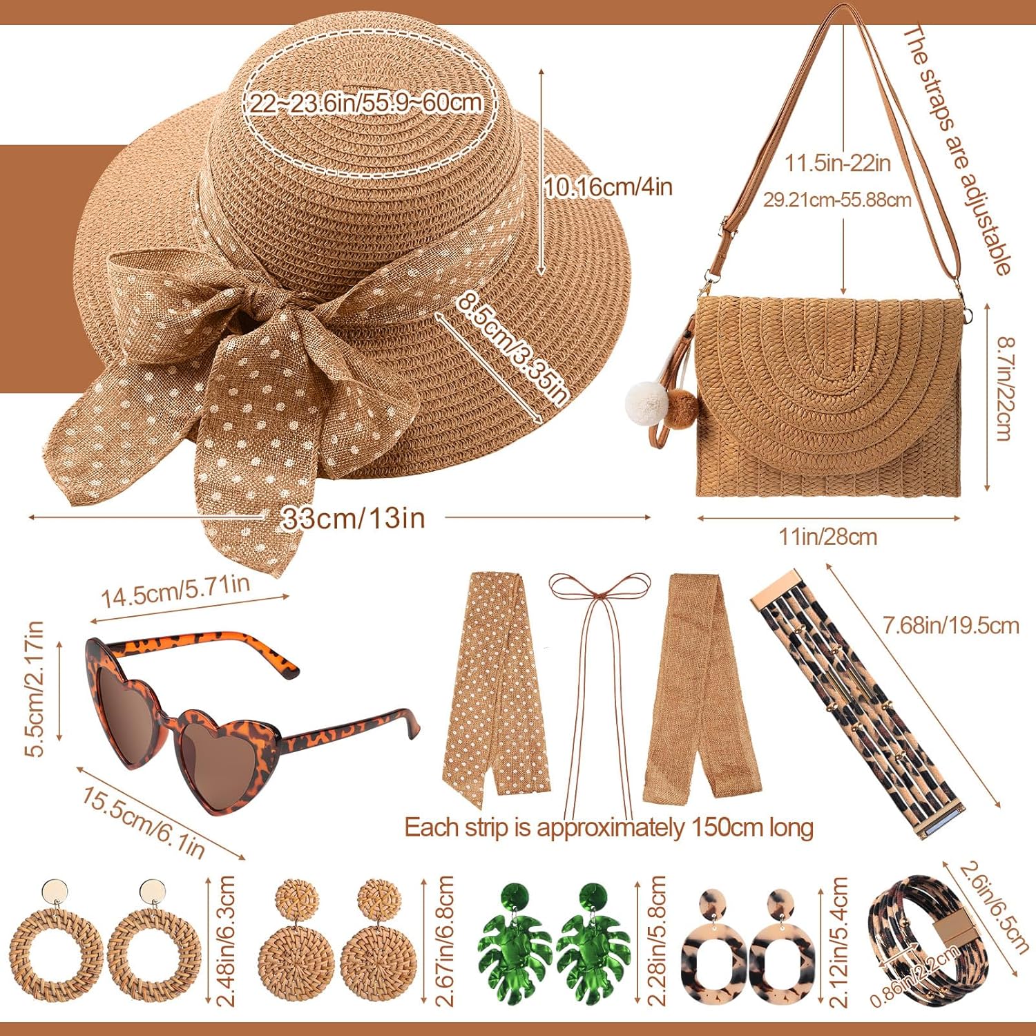 JaGely 15 Pcs Women Summer Beach Hats Wide Brim Straw Hat Straw Shoulder Bag Set with Heart Shape Sunglasses Boho Tropical Earrings Leopard Bracelet Beach Rattan Purse for Women Vacation