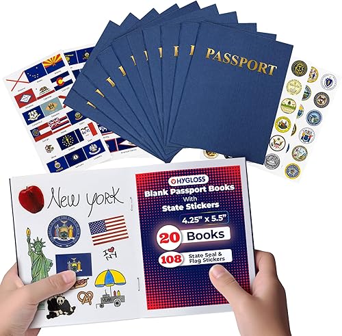 Hygloss 20 libros y calcomanías para pasaporte en blanco, 4.25 x 5.5 pulgadas, pasaportes azules falsos, diario de viaje, actividad divertida para