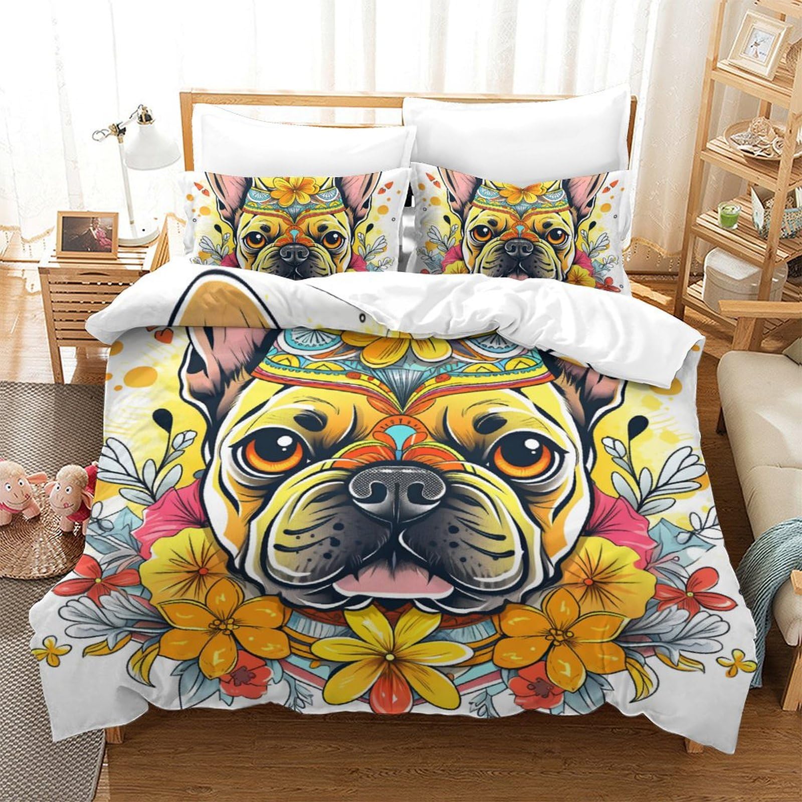 Housse de couette Bouledogue Français 3D 200x200 cm avec 2 taies d'oreiller en microfibre