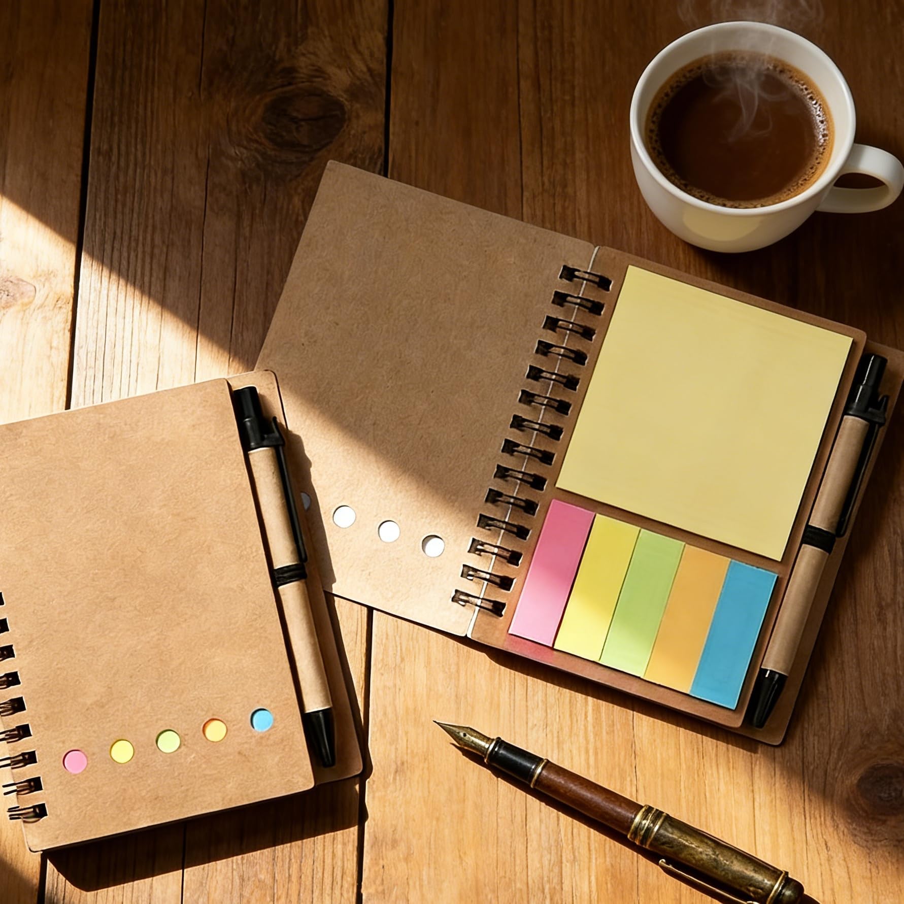 1 Pack Spiral Sticky Notes Notebook with Pen Holder, 4.1"x5.3" Paper Cover Notepad with Colored Index Tabs, Compact & Portable for Office, Home Use, Brown
