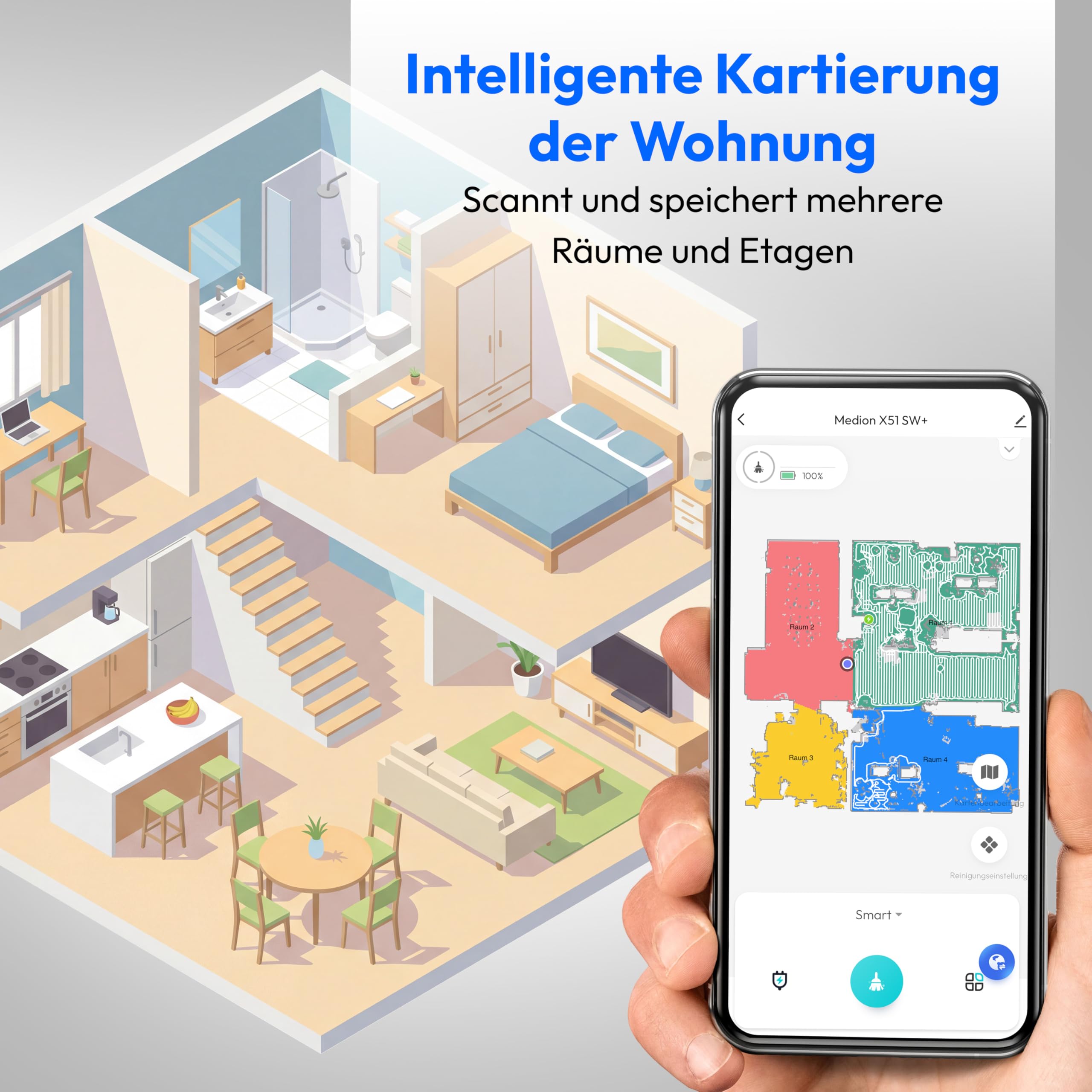 MEDION Saugroboter mit 2-in-1 Absaugstation, Lasernavigation und Wischfunktion X51 SW+ (Starke 10000Pa Saugkraft, 2in1 Roboterstaubsauger, rotierende Wischmopps, Kreuzlinienlaser) grau