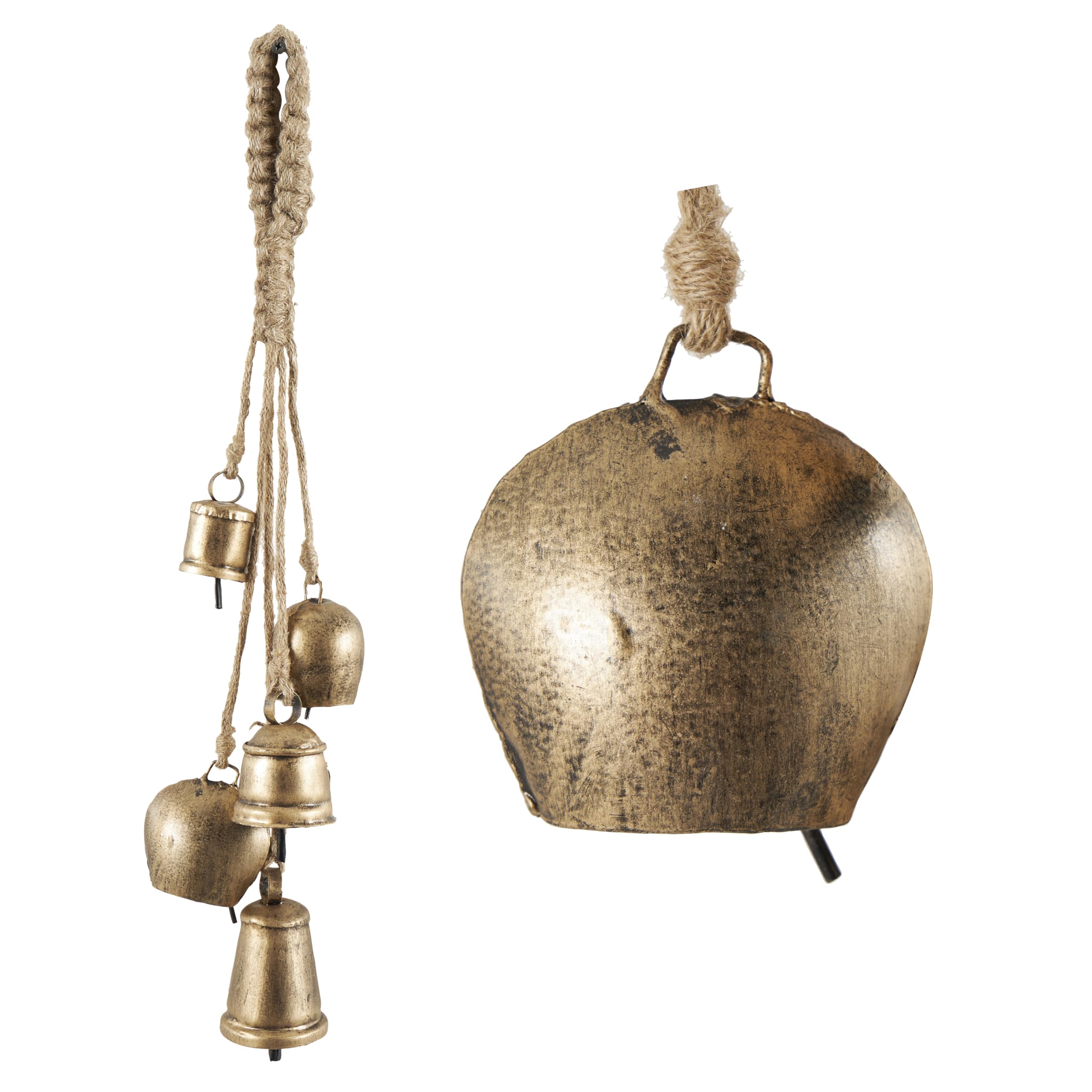 Deco 79 Metal Tibetan Inspired Decorative Cow Bells with Jute Hanging Rope, 3" x 3" x 23", Gold