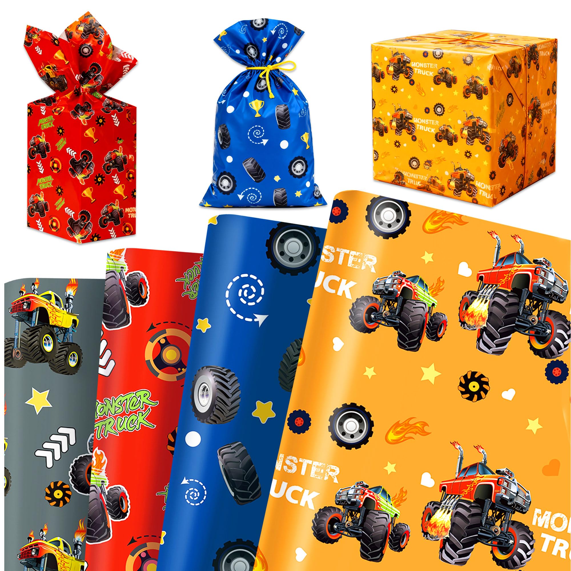 12 Sheets Monster Truck Wrapping Paper Gift Wrapping Paper Black Orange Truck for Birthday Baby Shower Holiday DIY Crafts