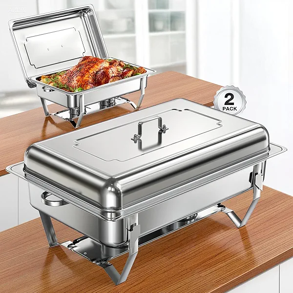 WARMOUNTS Chafing Dishes for Buffet 2 Pack 9QT, Rectangular Stainless Steel Chafing Dish Set w/Mirror-Polished & Rolled Rim, Foldable Frame for Parties Catering Wedding Banquet(Full Size Food Pan)