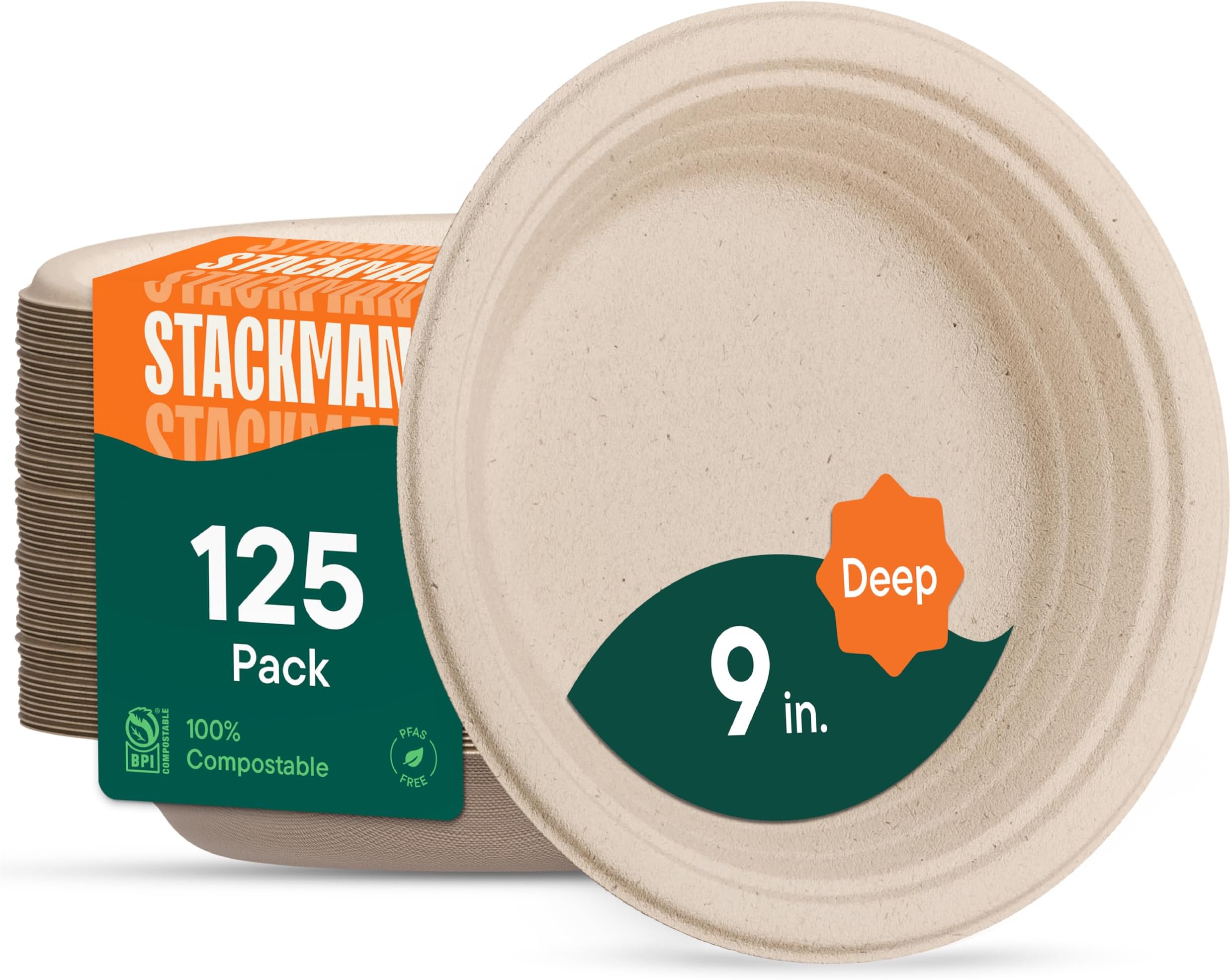 - Deep Dish Paper Plates, Heavy Duty Disposable Dinner Plates [125-Pack] 9 Inch Plates - 100% Compostable Eco-Friendly, Biodegradable Sugarcane Bagasse, Natural Brown 9" Paper Plate Disposable