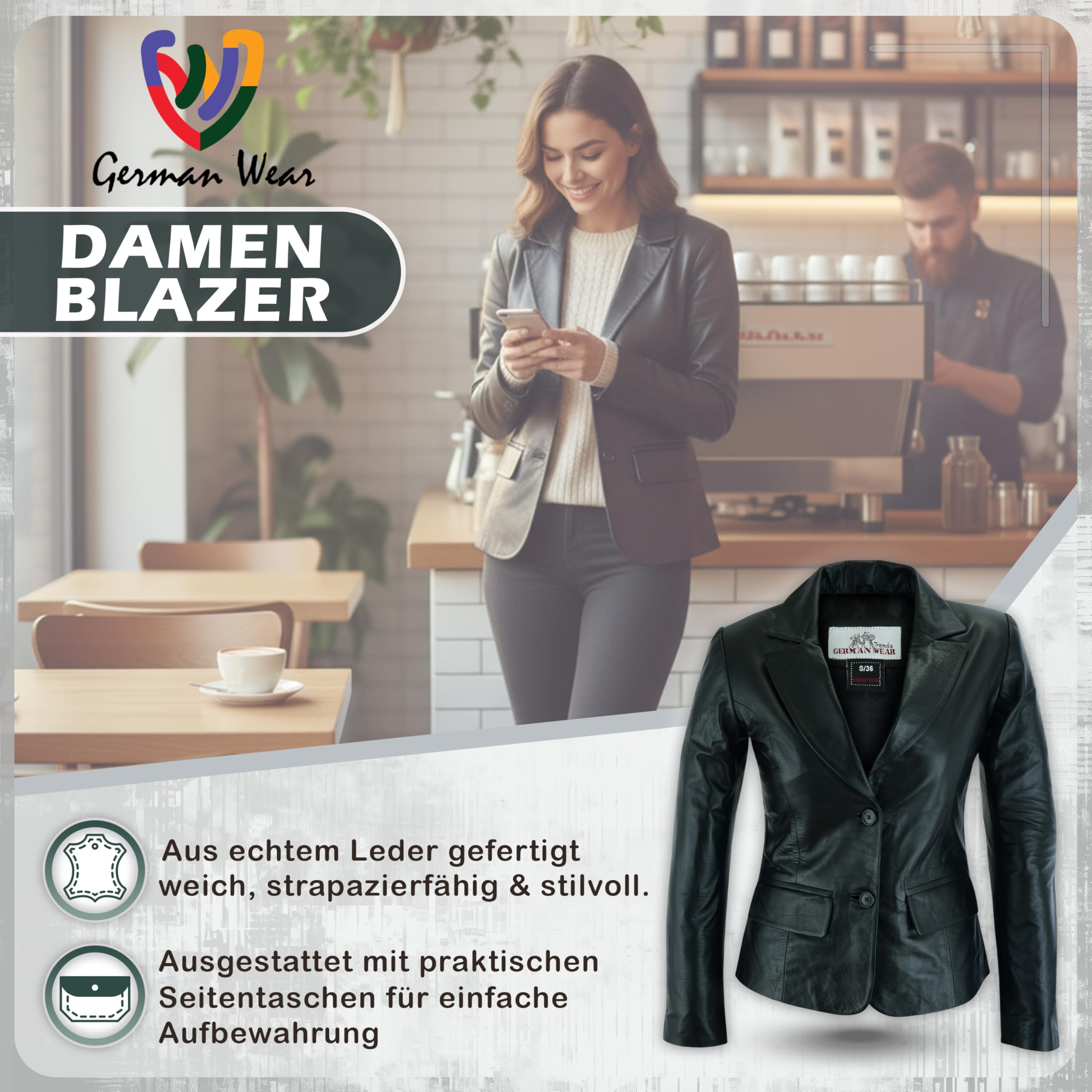 German Wear Damen Lederblazer Lederjacke Blazer Echtleder Jacke aus Lammnappa Leder Schwarz