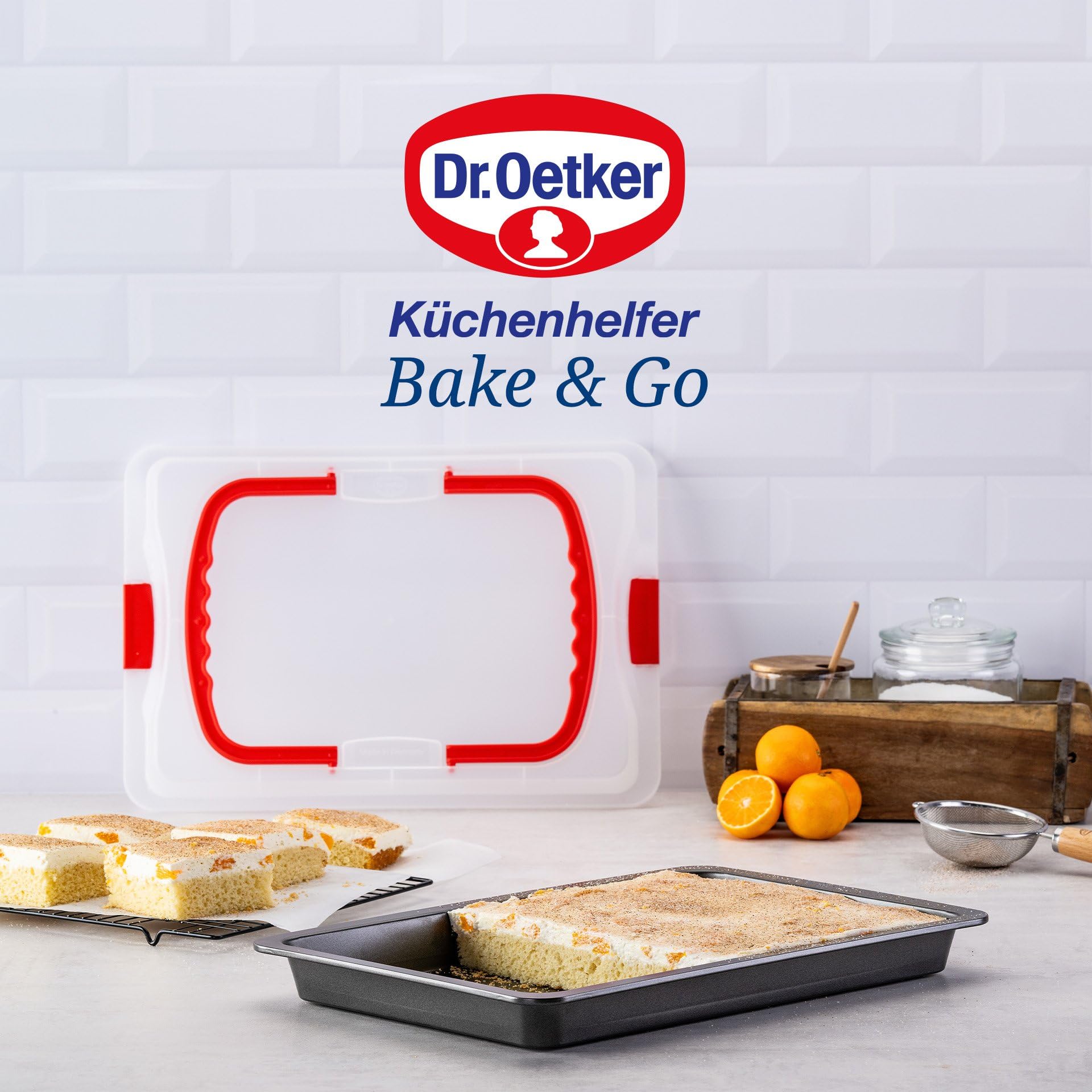 Dr. Oetker Bake & Go, plat à pâtisserie avec cloche de transport, Plaque de cuisson en Acier inoxydable et son couvercle en plastique, 42 x 29 x 4 cm | Plateau à gâteau rectangulaire avec couvercle antiadhésif pour gâteaux et gâteaux
