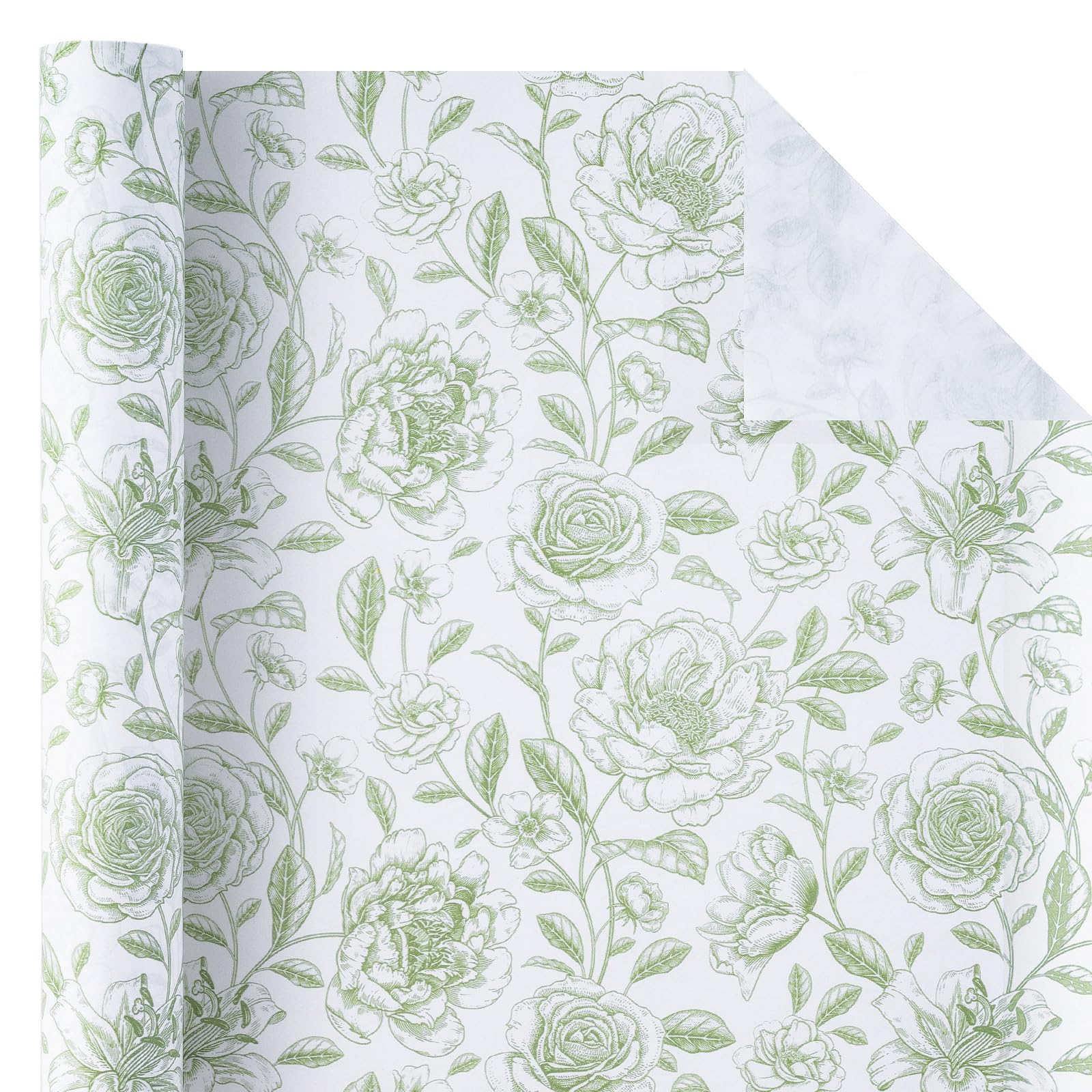 WRAPAHOLIC Rollo de papel de regalo floral de estraza, mini rollo, 17 pulgadas x 33 pies, diseño floral verde Toile vintage para cumpleaños, despedida de soltera, boda, baby shower