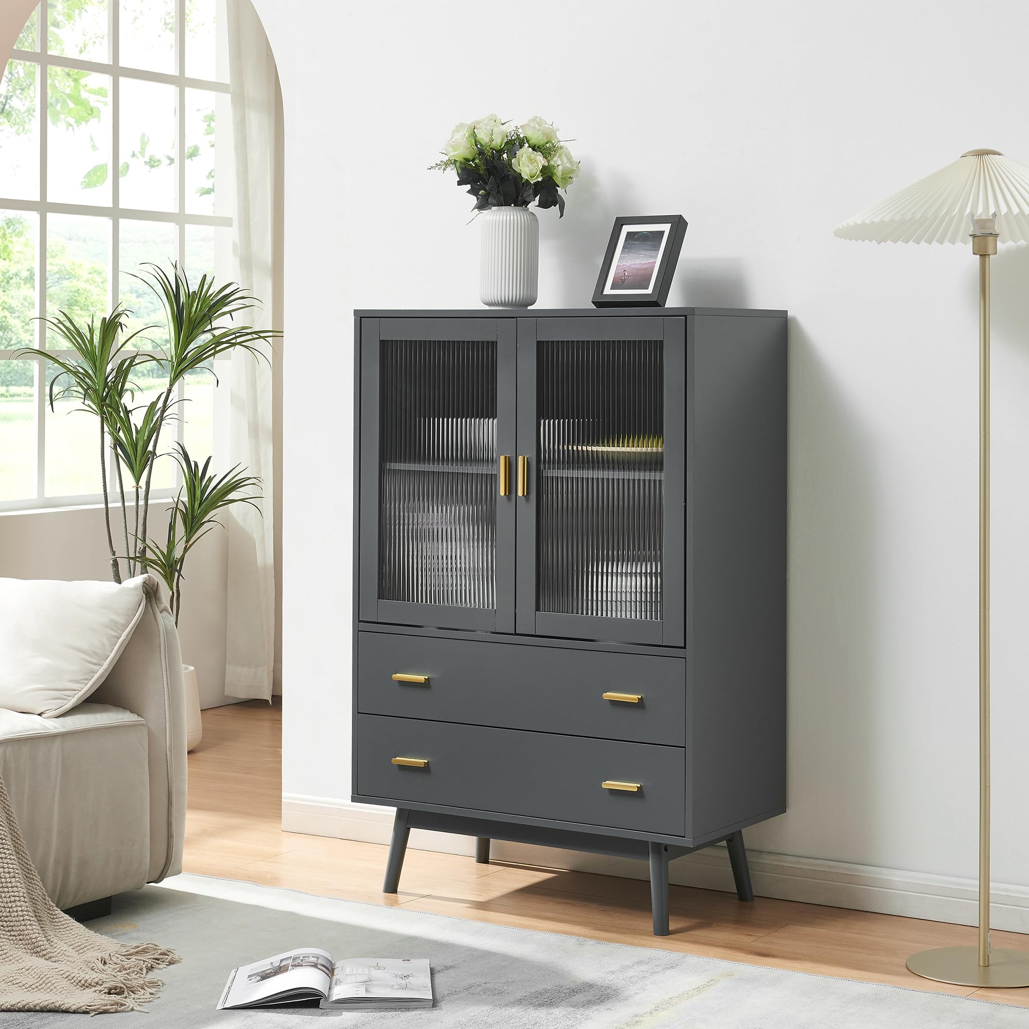 en.casa] Vitrinenschrank Susa Bücherschrank mit 2 Schubladen 120 x 80 x 40 cm Küchenschrank mit 2 Türen Mehrzweckschrank Vitrine Grau Küche, Haushalt & Wohnen