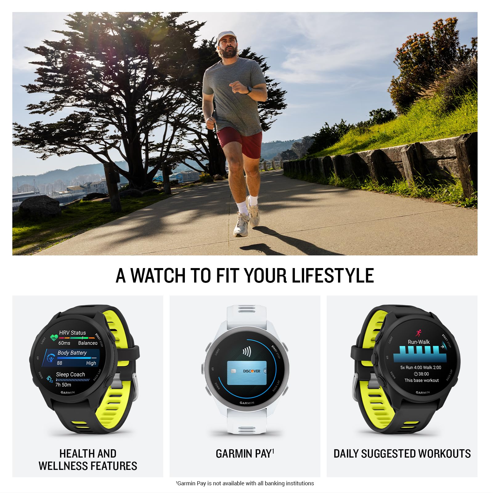 Garmin Forerunner® 170 Music, orologio da corsa GPS, statistiche di allenamento avanzate e informazioni sul recupero, oltre a memorizzare musica, verde con cinturino verde/limone