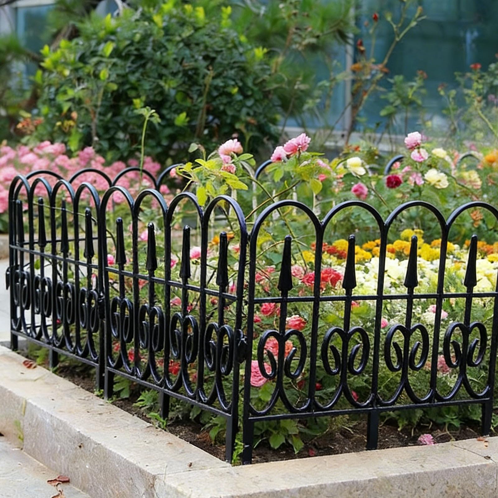 Decorative Garden Fence, No Dig Metal Fence Panels, Rustproof Border Edging for Flower Beds, Animal Barrier Fencing for Yard Patio Lawn (Black)