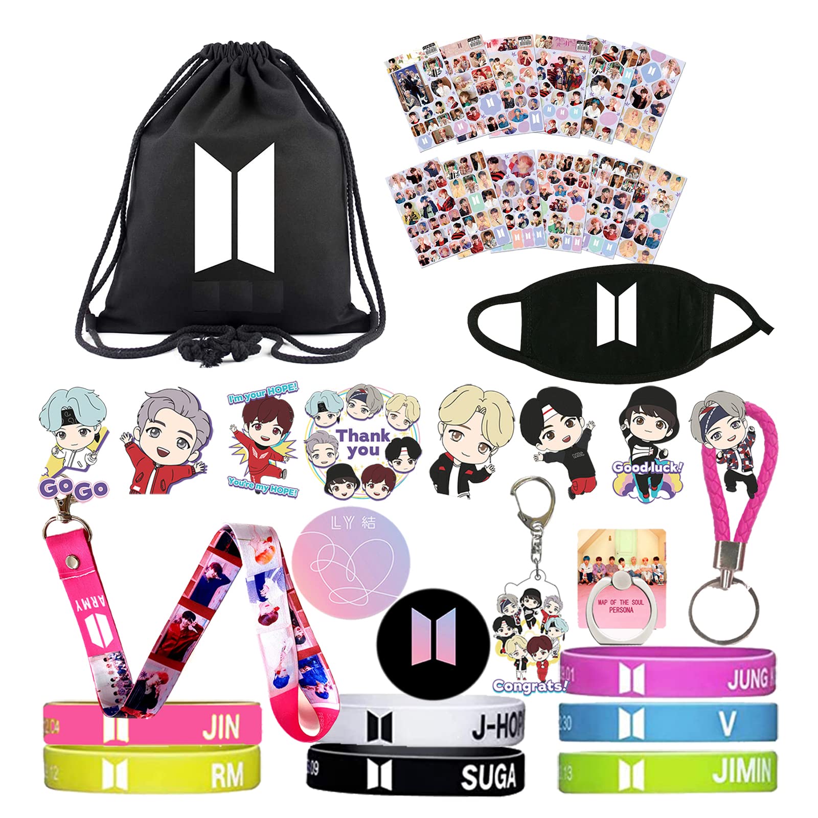 BTS Merch BTS Bangtan Boys Gift Set for ARMY Fans 1 BTS Backpack 1 BTS Face Mask 7 BTS Bracelet 12 BTS Stickers 1 Lanyard ...
