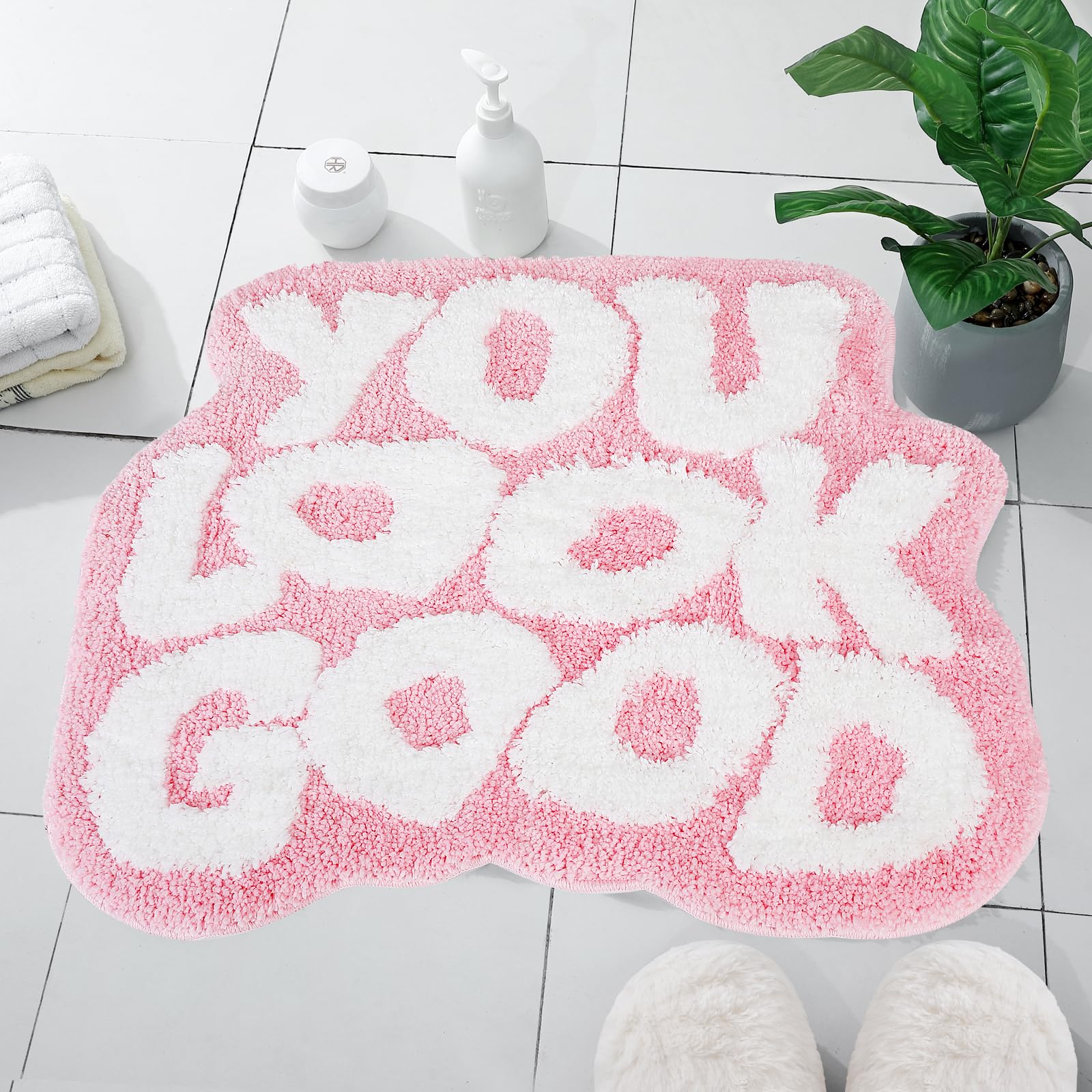 you look good bath mat - stylish funny pink bathroom rug with cute words, absorbent & non-slip - 25x21 inch (pink)