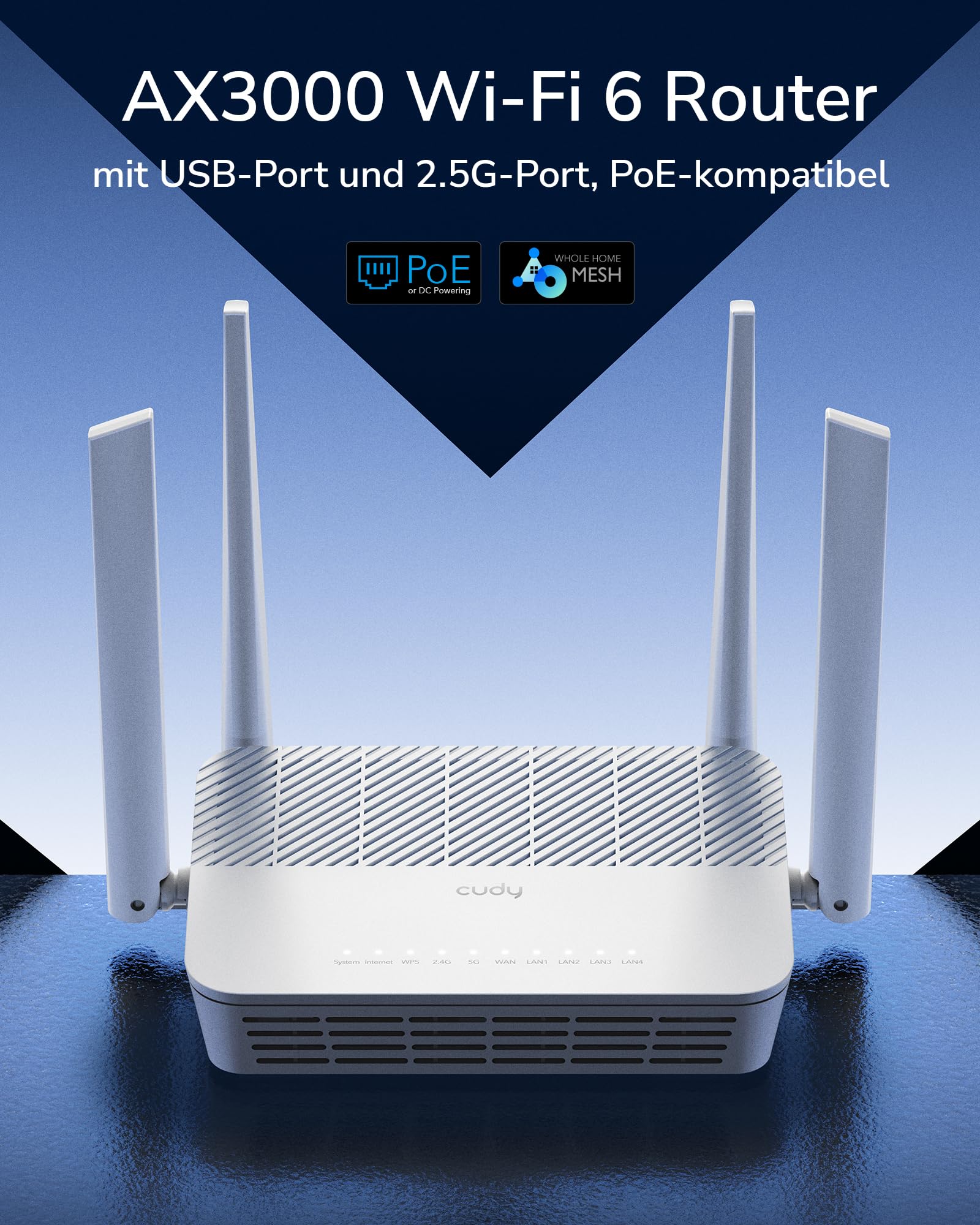Cudy AX3000 WiFi 6 Router mit 2,5G WAN-Port und PoE-Stromversorgung, Dualband WLAN Router mit USB-Port, VPN Router mit WireGuard, MU-MIMO, Cudy Mesh kompatibel, App-Steuerung, WR3000P