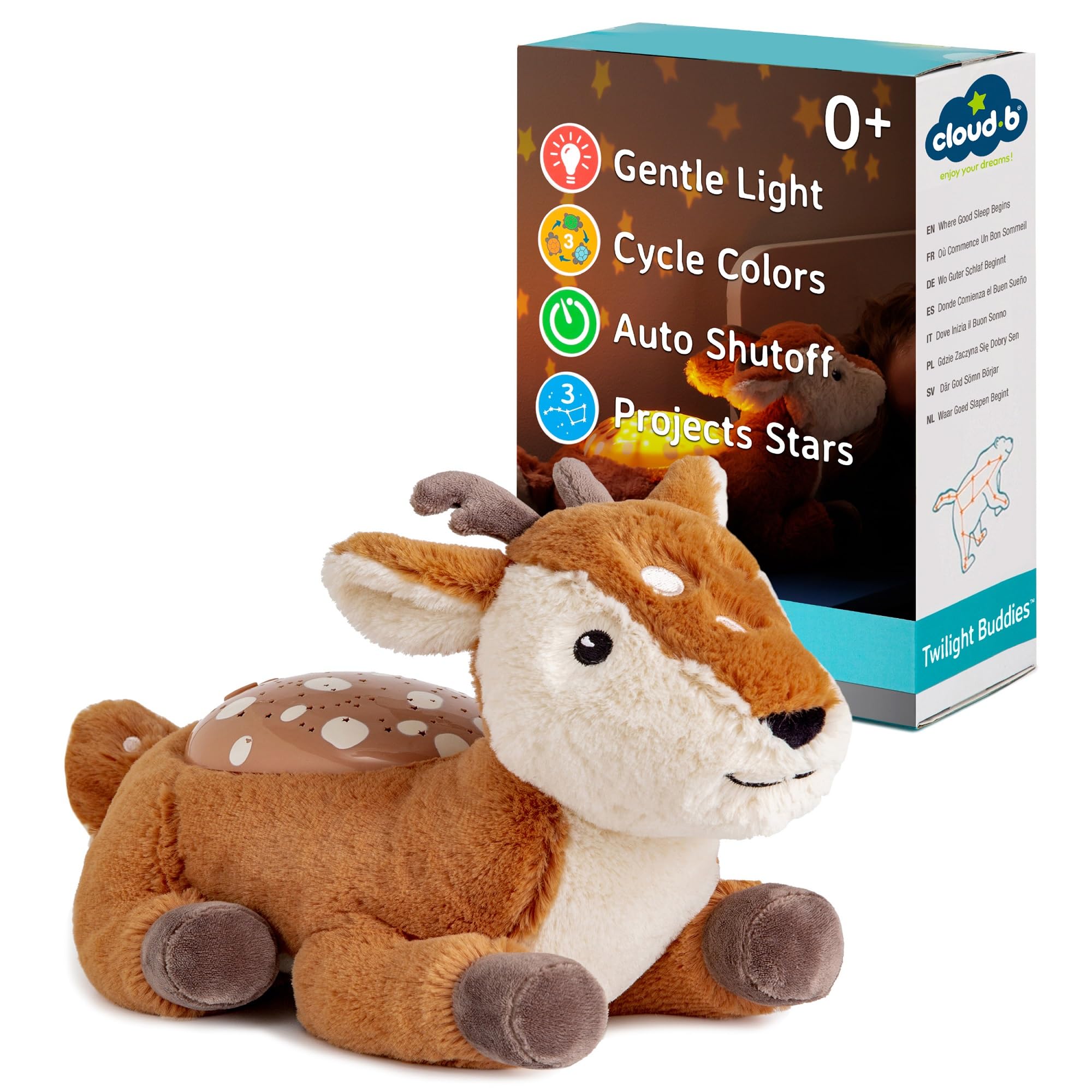 Calming Nightlight Star Projector | Gentle Brightness | 3 Colors | 3 Constellations | Auto-Shutoff | Twilight Buddies®- Fawn