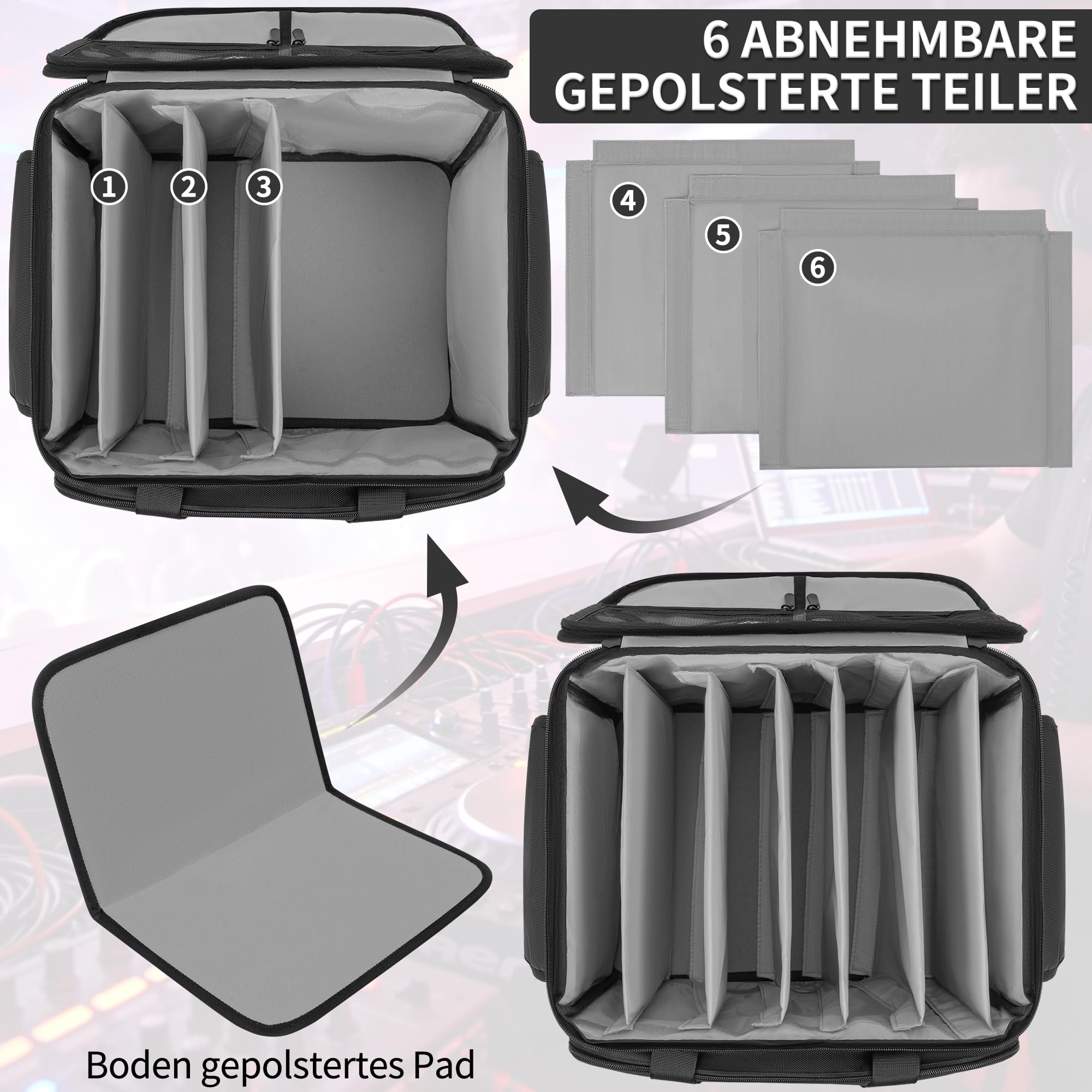 DJ Tasche, 1680D Nylon DJ Gigbag mit Abnehmbaren Trennwänden und Boden, DJ Kabel Organizer Tasche für Professionelle DJ Ausrüstung, Musikinstrumente und Zubehör, Grau (Mittlere)