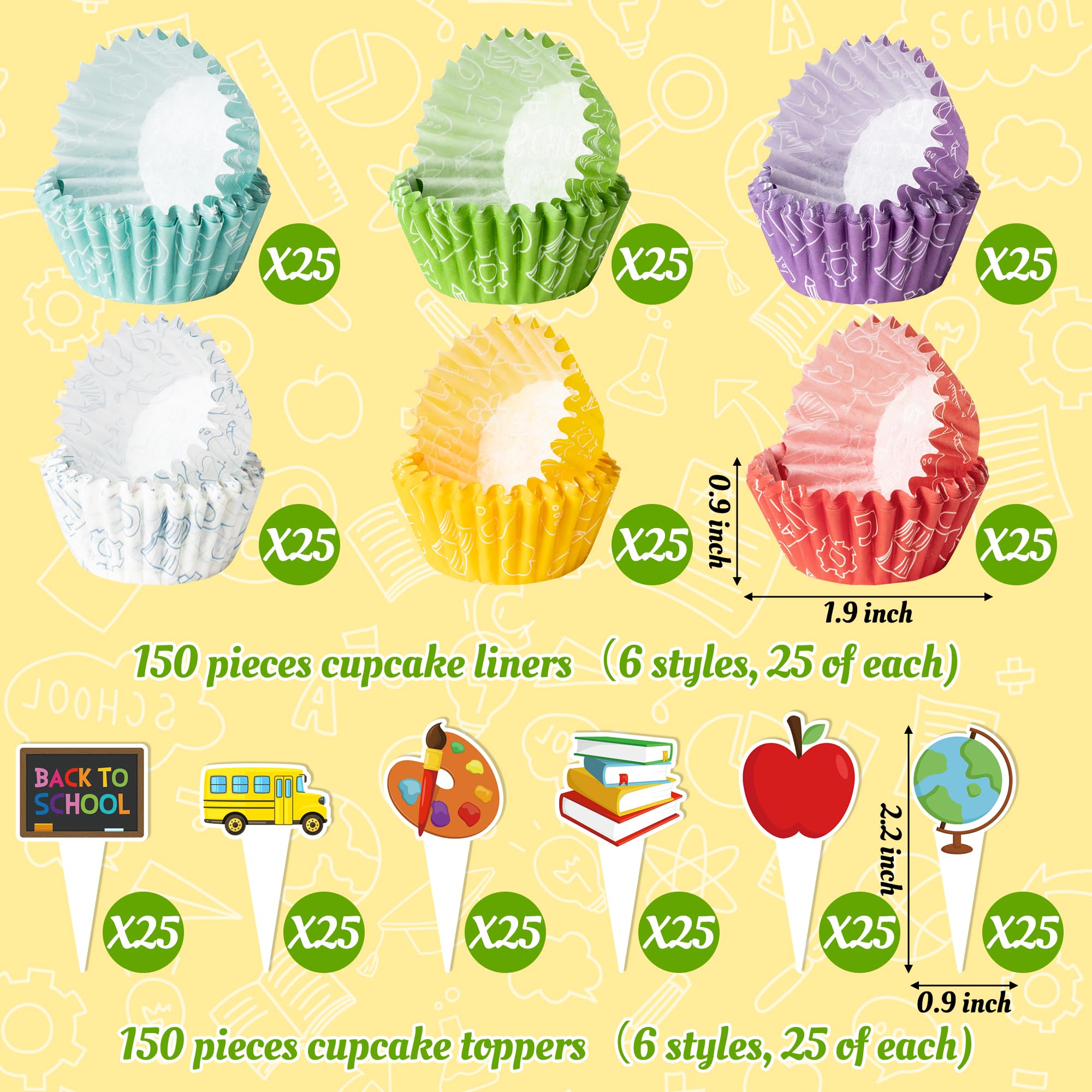 COcnny 300pcs Back to School Cupcake Liners, School Mini Cake Baking Cups, First Day of School Cupcake Wrappers with Cake Toppers, Apple Pencil Book Muffin Candy Wrap Making Supplies (6 Styles)