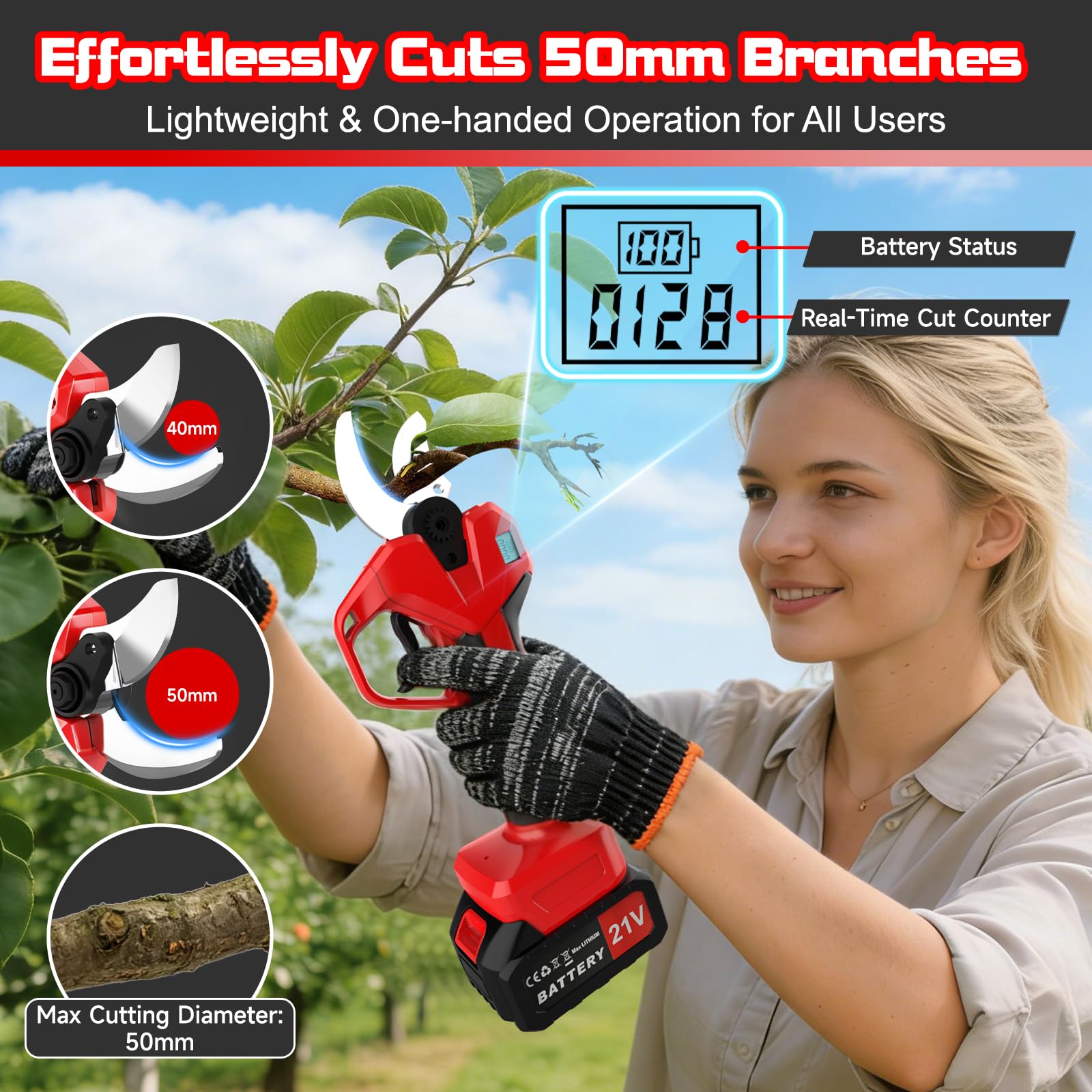 Tijeras de Podar Eléctricas 50mm 730W Brushless 2x 4000mAh | Podadora a Batería, Tijera Cortarramas Profesional, Pantalla LED, Para Viñedos, Olivos y Frutales
