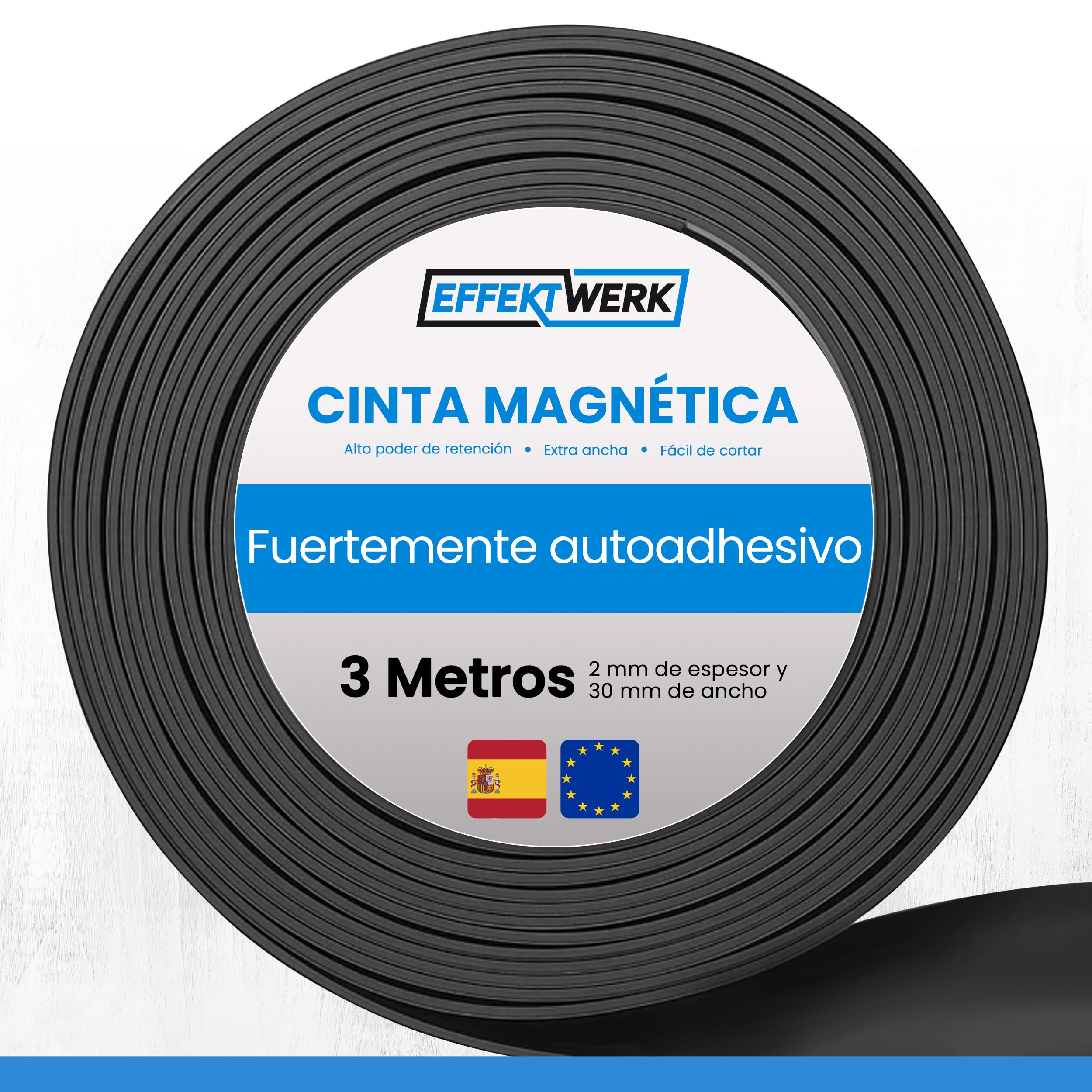 Rollo de cinta magnética - 3 metros de largo, 30 mm de ancho - Bandas magnéticas con fuerte respaldo autoadhesivo - Fácil de cortar y pegar a superficies planas