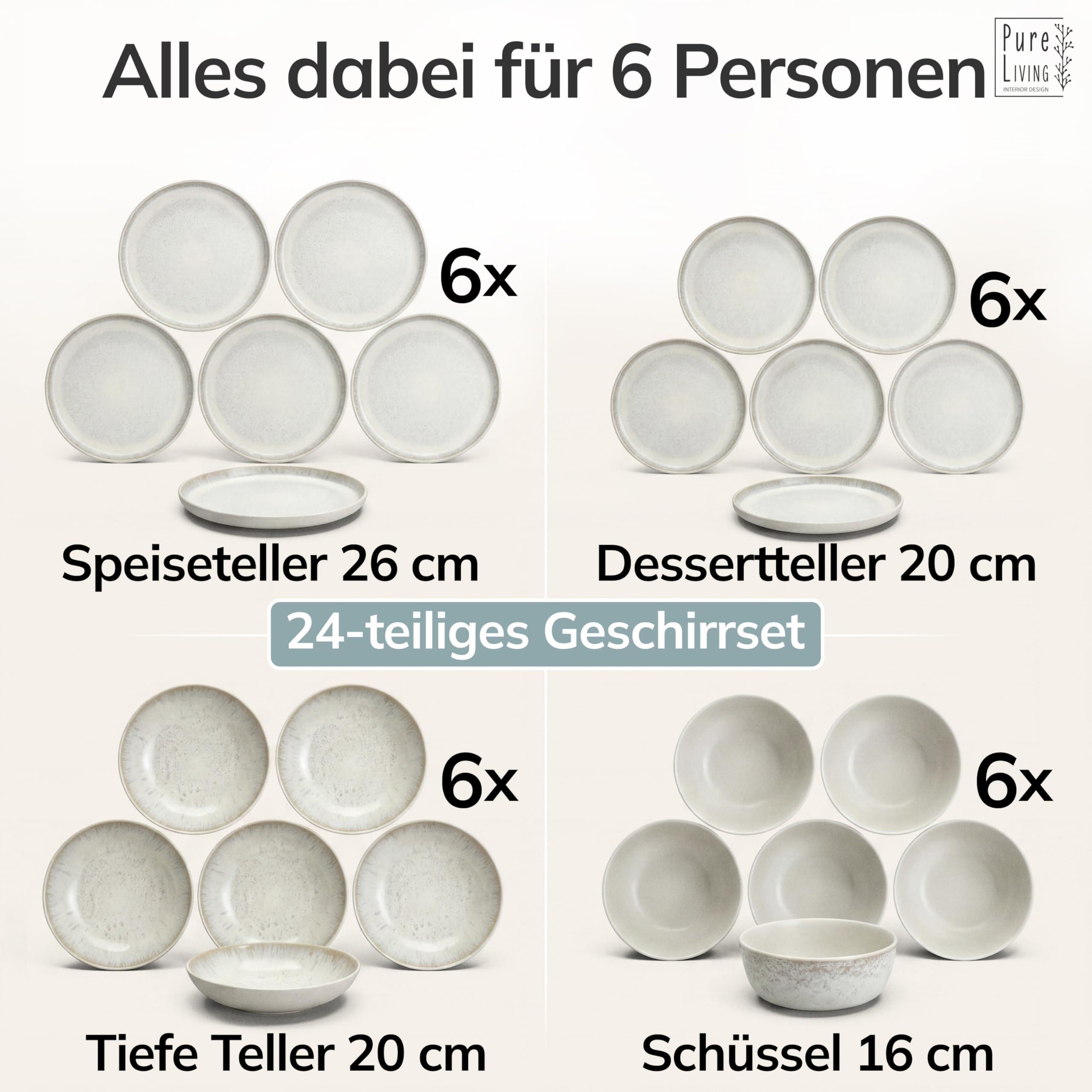 Steingut Geschirrset 6 Personen Ibiza 24 tlg. TESTSIEGER, Traumhaftes Mediterranes Steingut Geschirr Set, Schüssel- und Teller Set, Tafelservice 6 Personen, Geschirrsets Pure Living in Beige