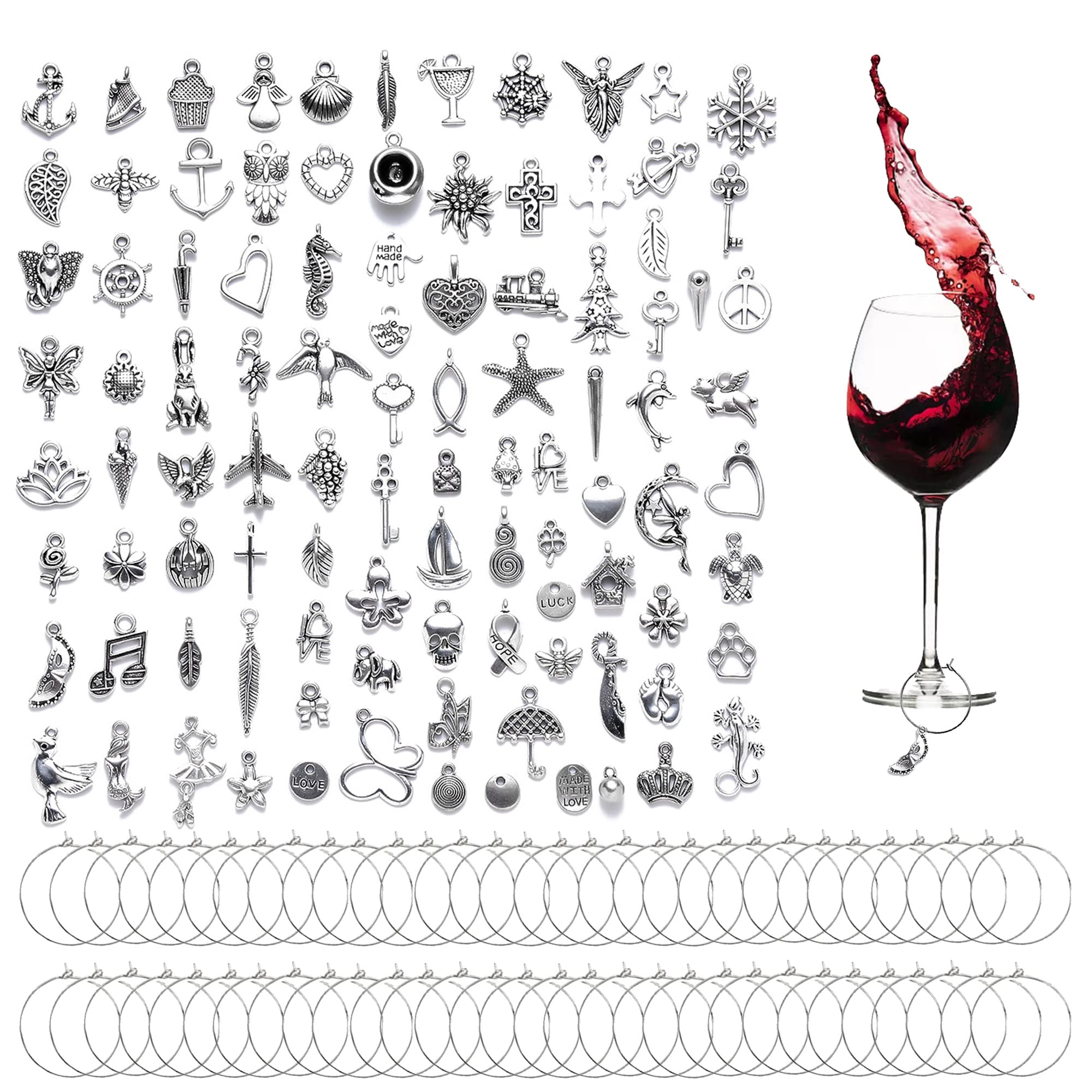 100 PCS Anelli in Vetro di Vino Charm per Calici da Vino, 50 PCS Fibbia per Cocktail, Champagne, Degustazione, Feste