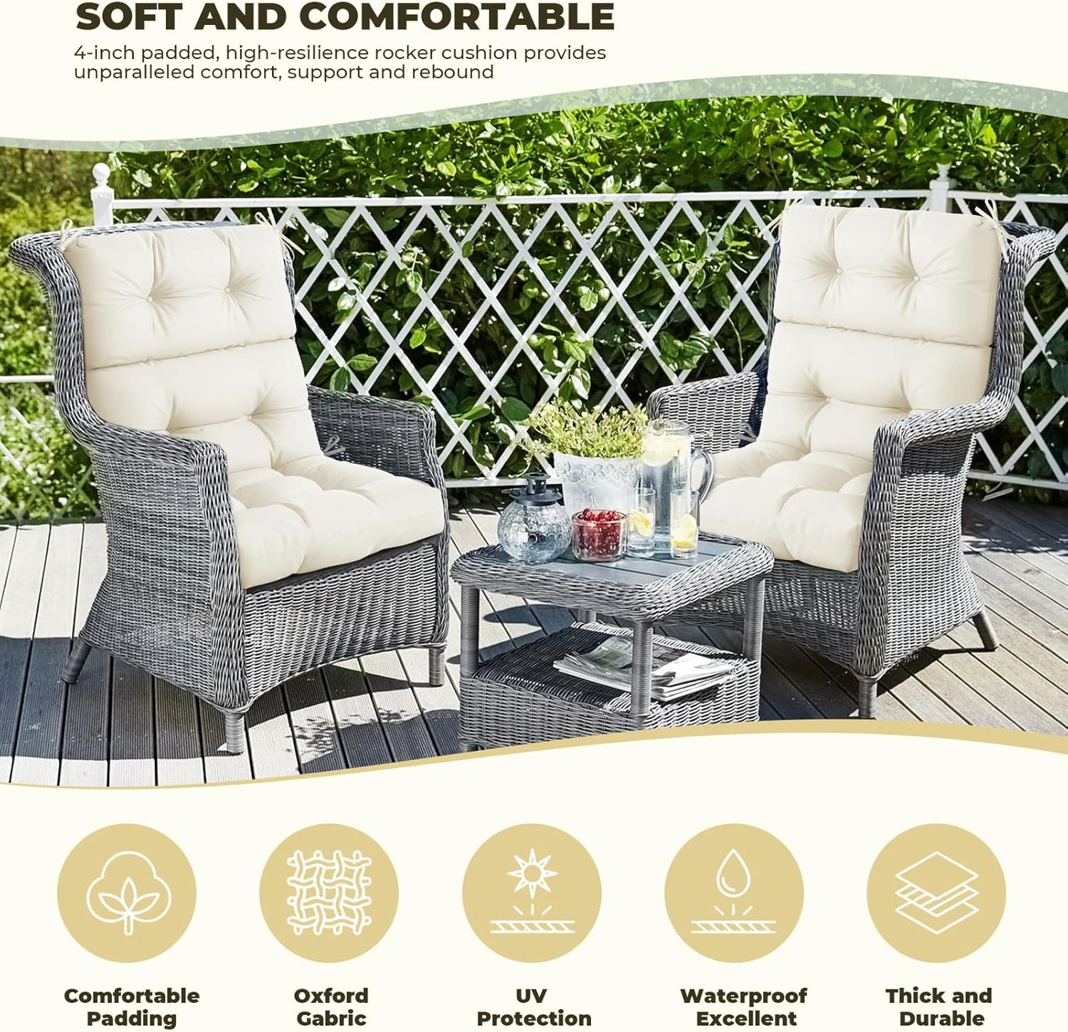 DANGHOOGY Outdoor/Indoor High Back Chair Cushion, Waterproof Outdoor Rocking Chair Cushion with Ties, Tufted Replacement Seat Cushions for Outdoor Furniture, Cream