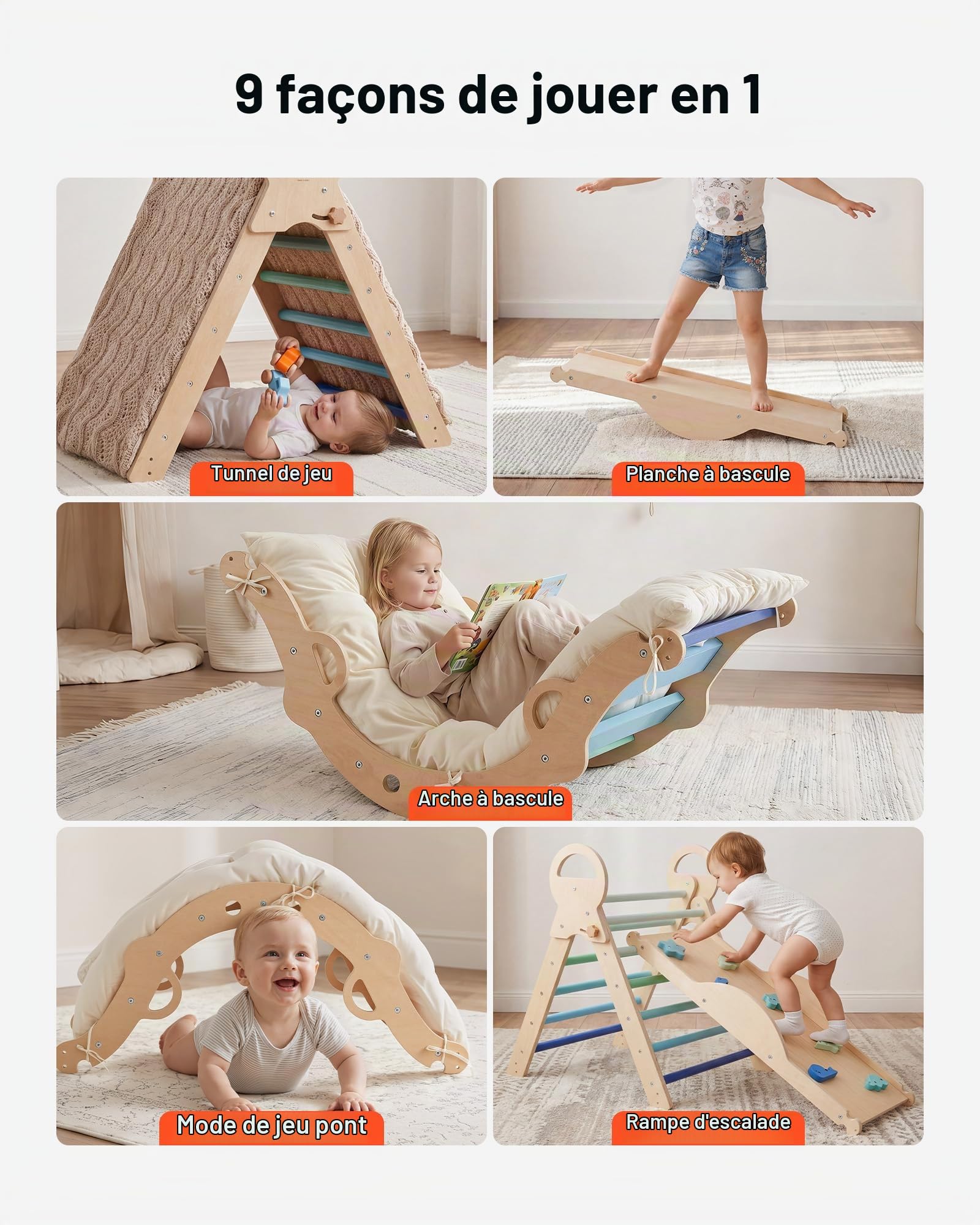 VEVOR Triangle d'escalade 9 en 1, Triangle de Pikler avec 2 Voitures en Bois, Coussin, Triangle, Arche et Rampe, Parcours Motricité Intérieur Montessori pour Bébé et Enfants, Charge Max 68 kg, Bleu