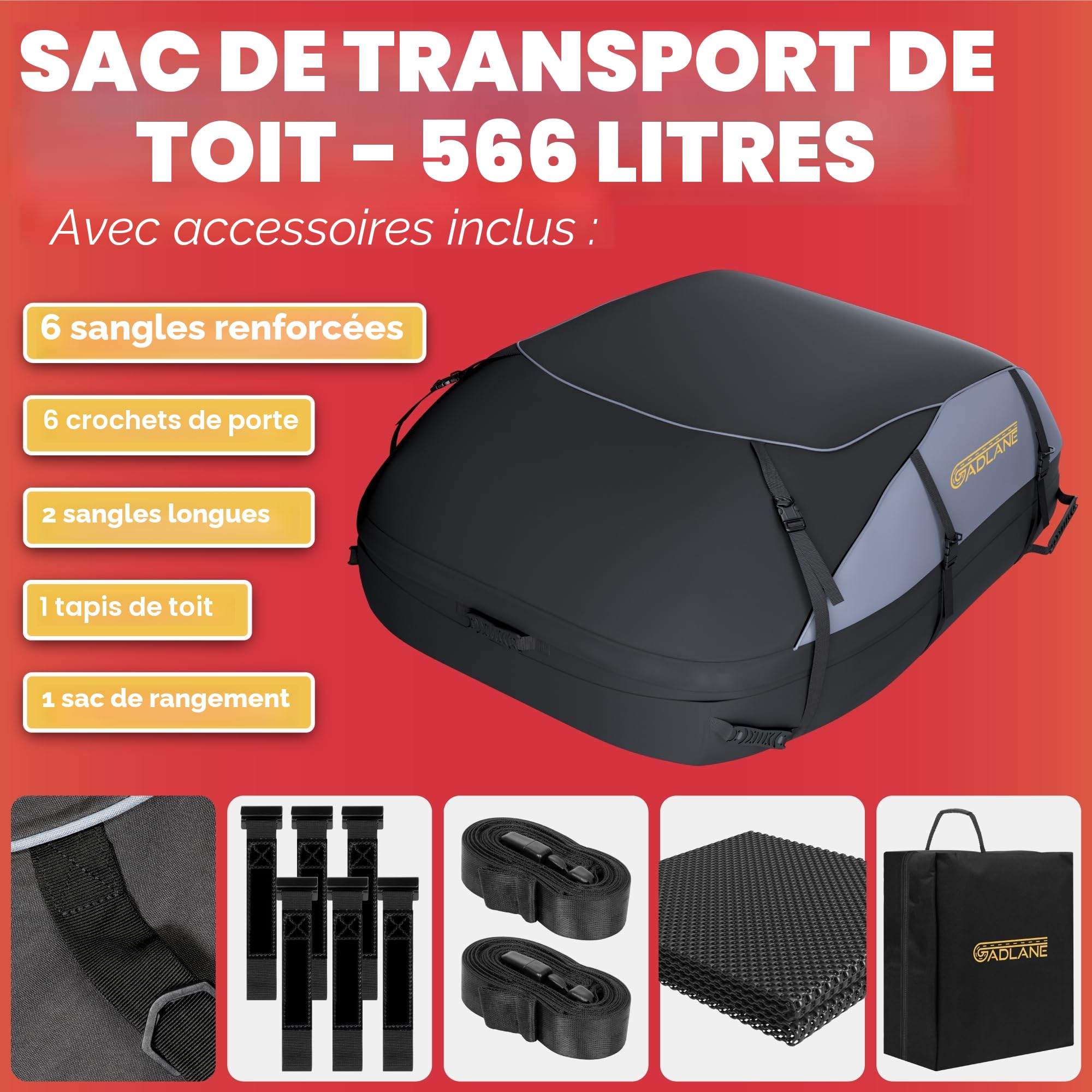 GADLANE Sac de Toit de Voiture 550L - Coffre de Toit étanche pour Voitures avec/sans Porte-Bagages de Toit avec 6 Sangles Robustes, Tapis antidérapant et Sac de Rangement (Gris/Noir)